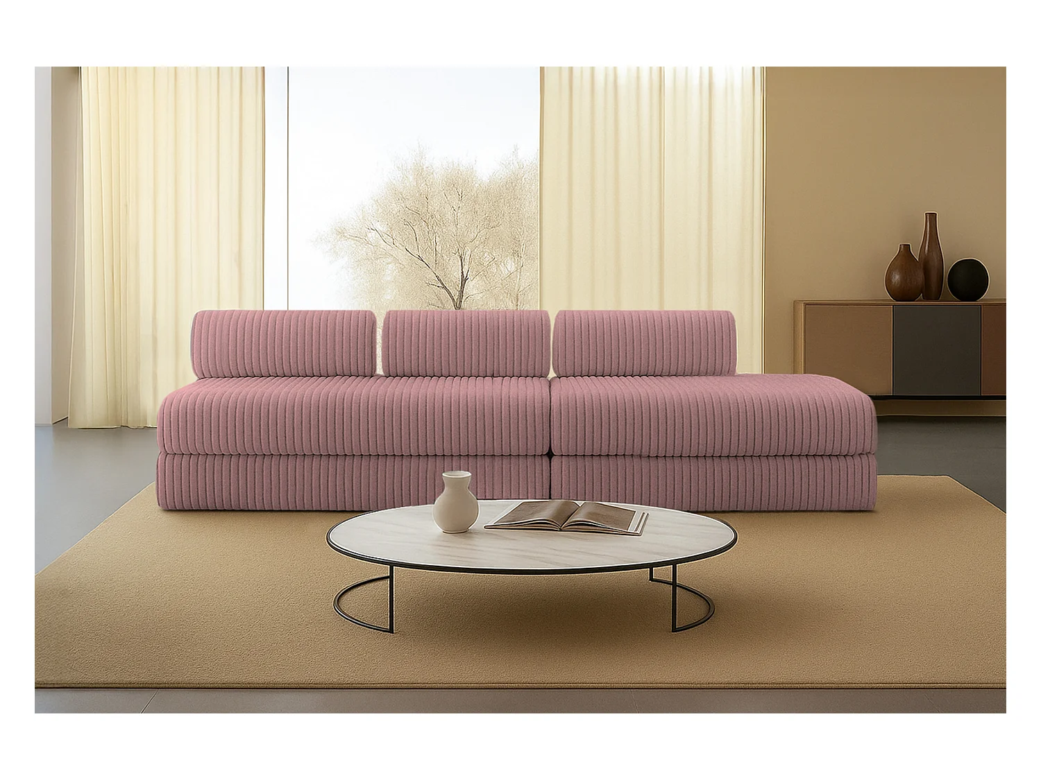 Canapé droit modulable et convertible 5 places - Velours côtelé XL - Rose