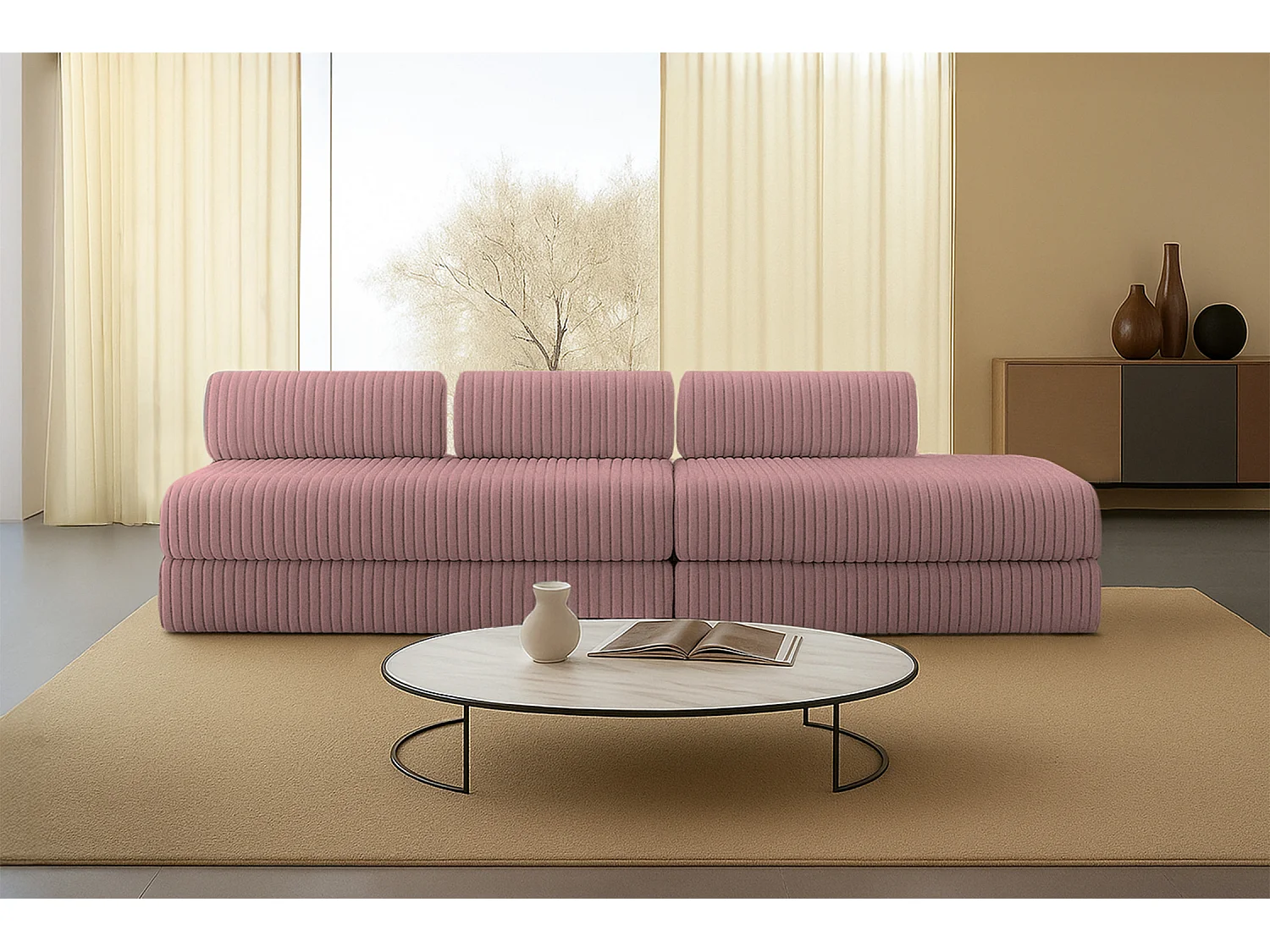 Canapé droit modulable et convertible 5 places - Velours côtelé XL - Rose