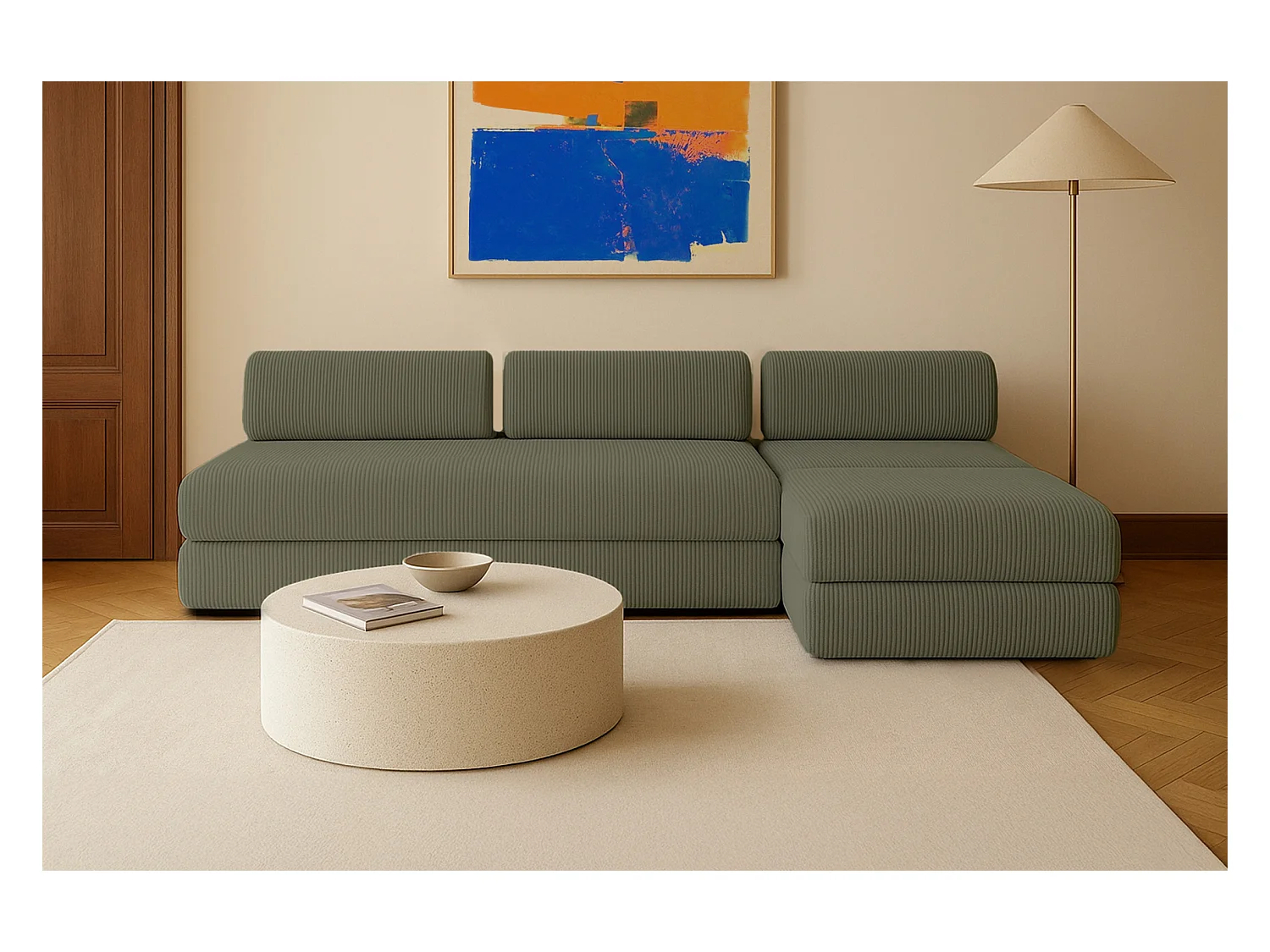 Canapé droit modulable et convertible 6 places - Velours côtelé - Vert