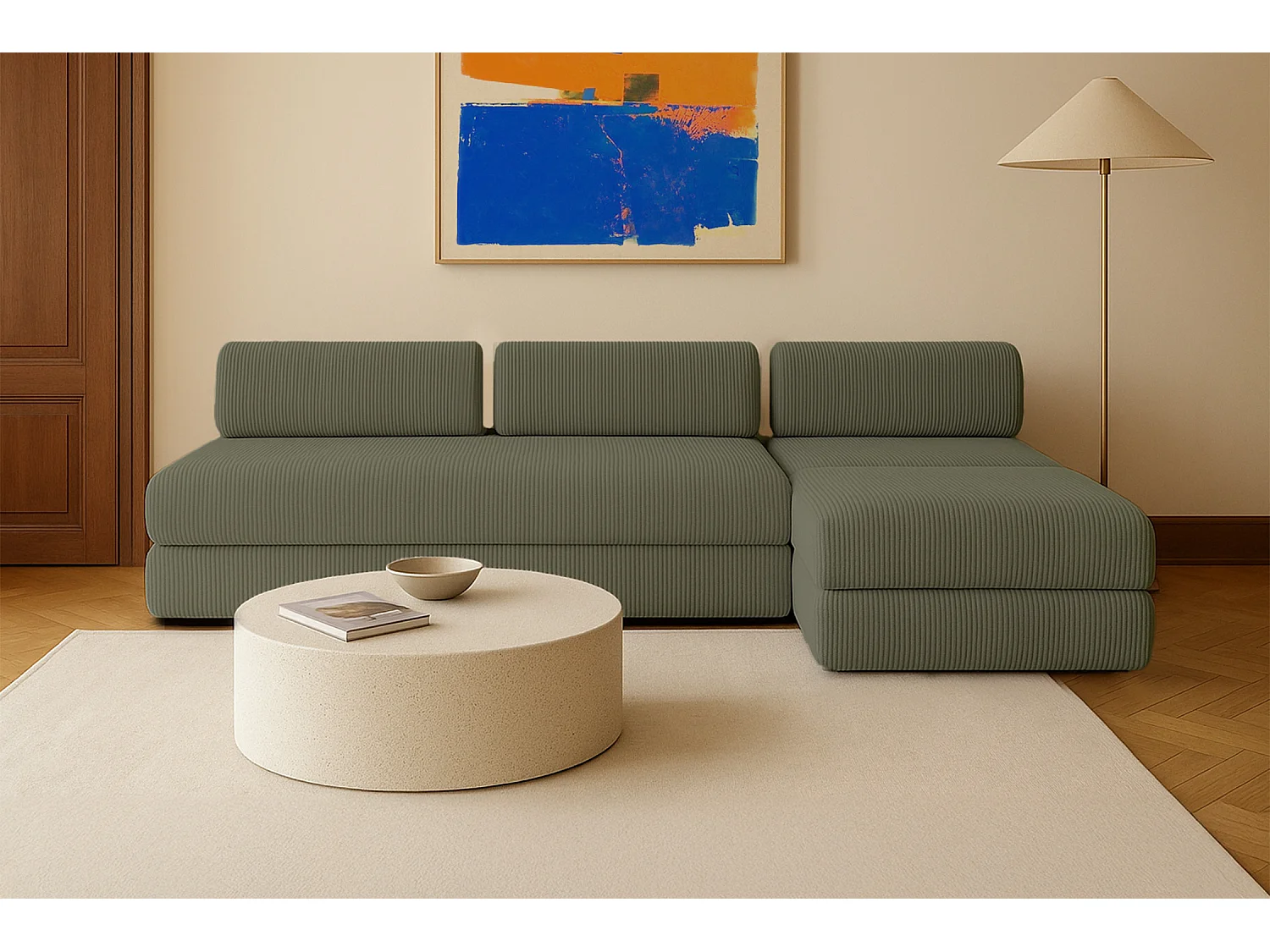 Canapé droit modulable et convertible 6 places - Velours côtelé - Vert