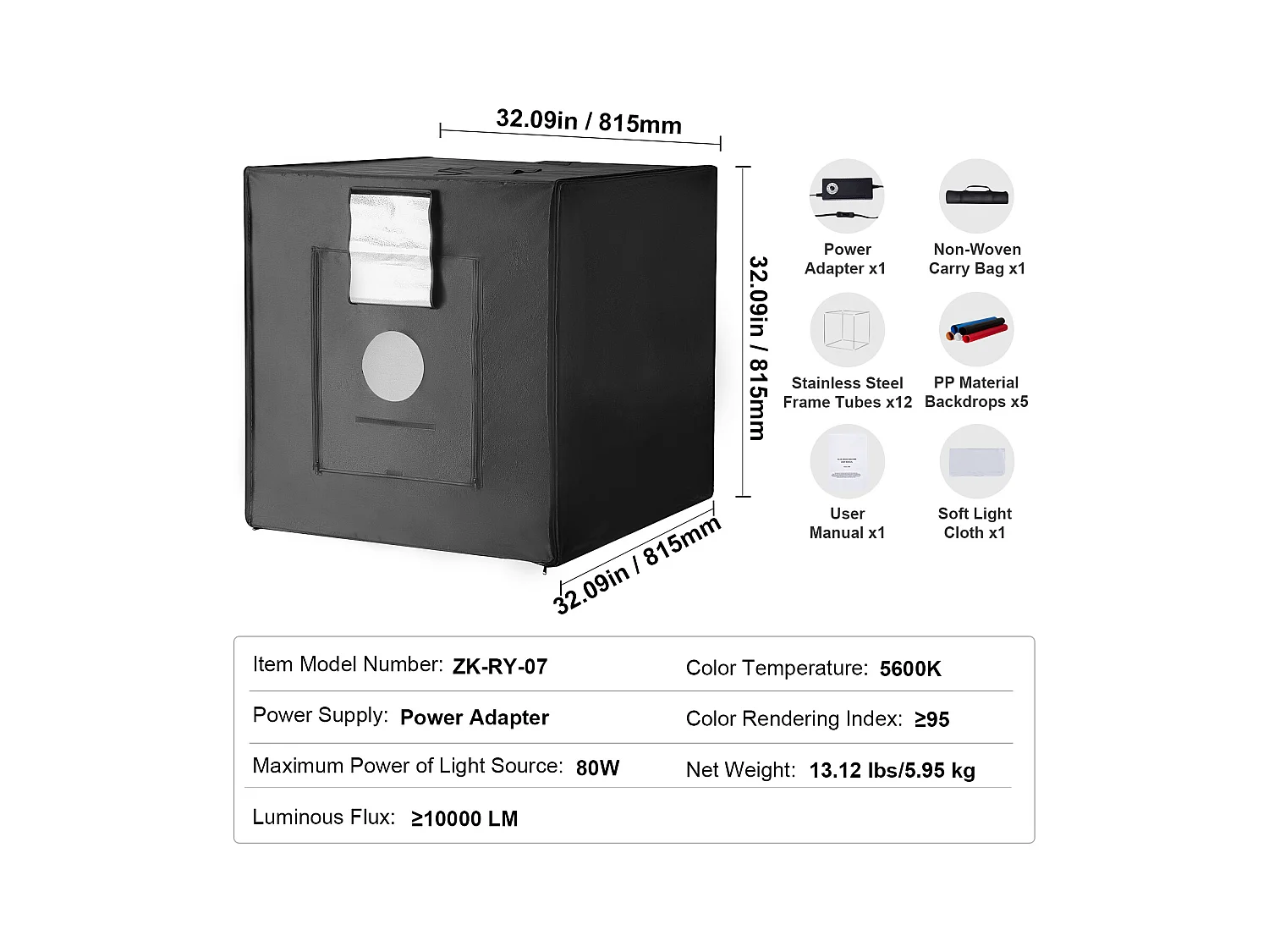 Boîte à Lumière Studio Photo SucceBuy, 81,5x81,5 cm, 5600 K, 210 Lumières LED