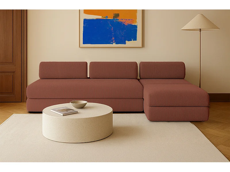 Canapé d'angle modulable et convertible 6 places - Velours côtelé - Terracotta