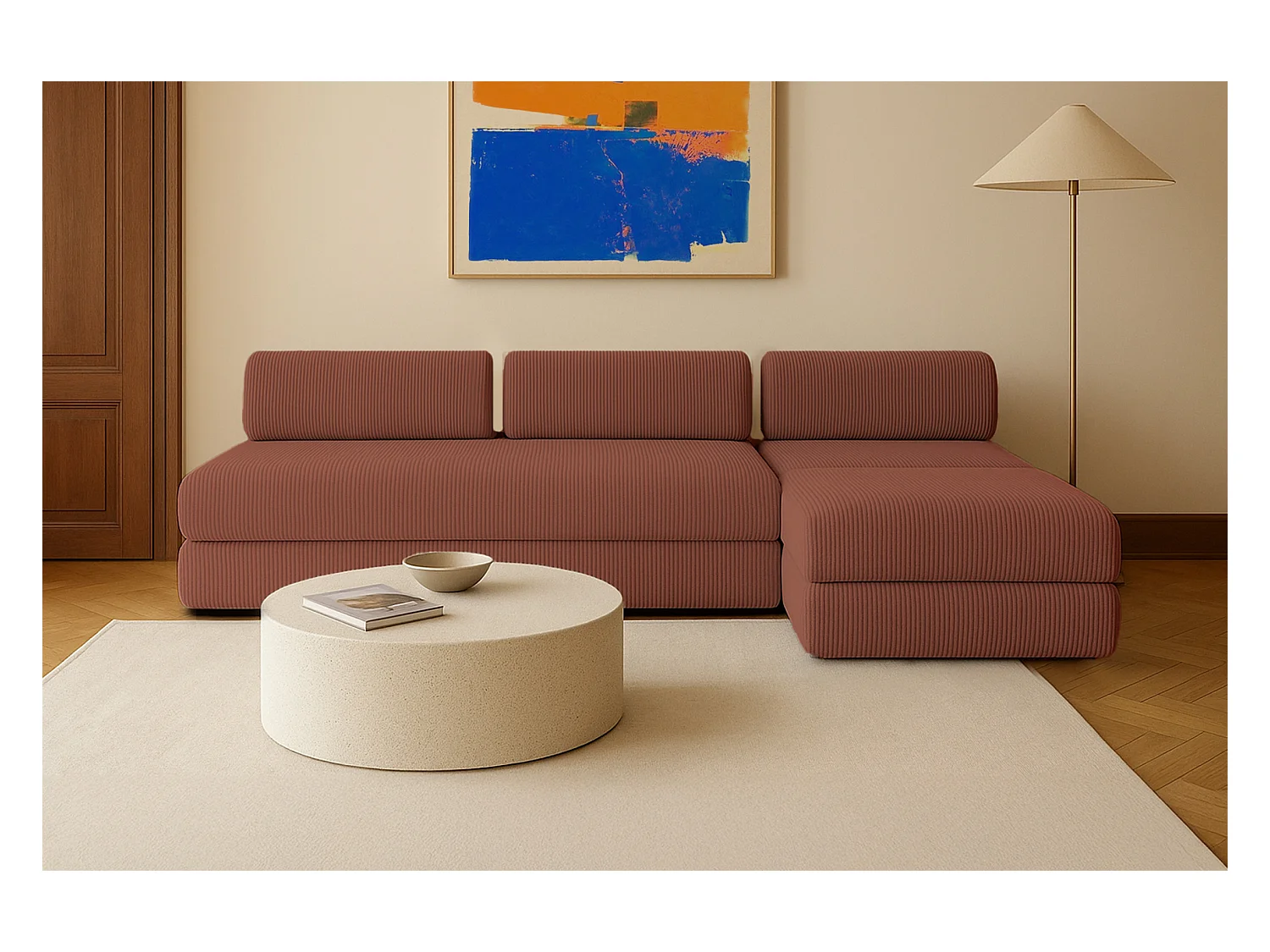 Canapé d'angle modulable et convertible 6 places - Velours côtelé - Terracotta