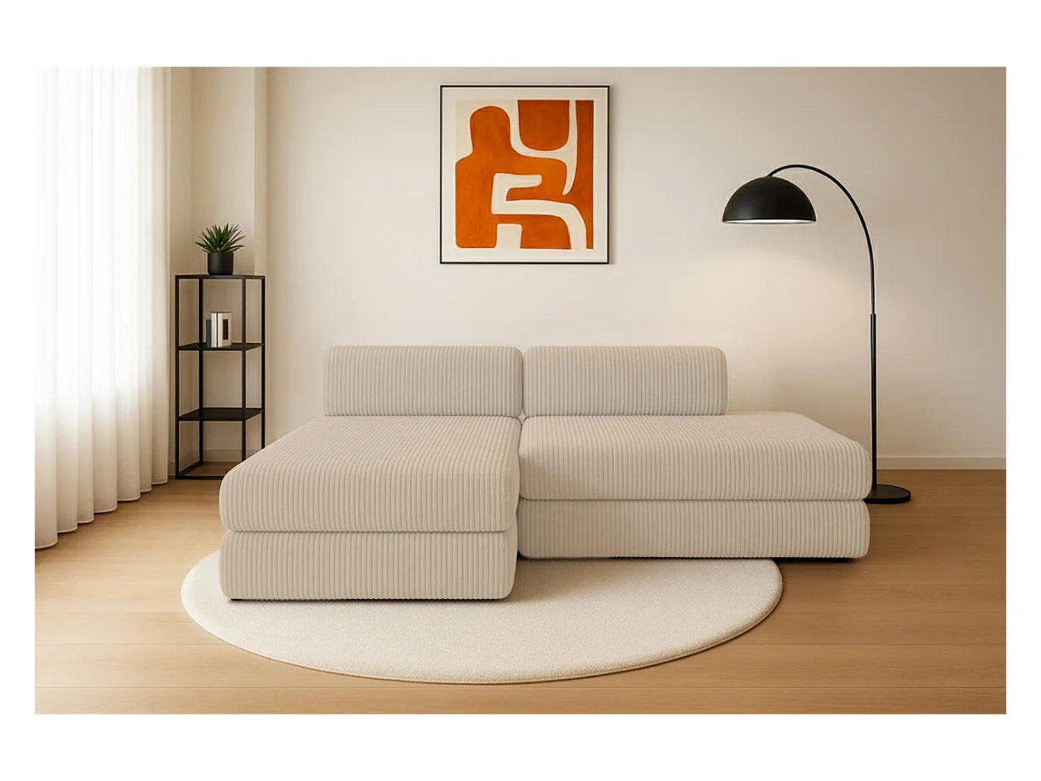 Canapé d'angle modulable et convertible 5 places - Velours côtelé XL - Beige