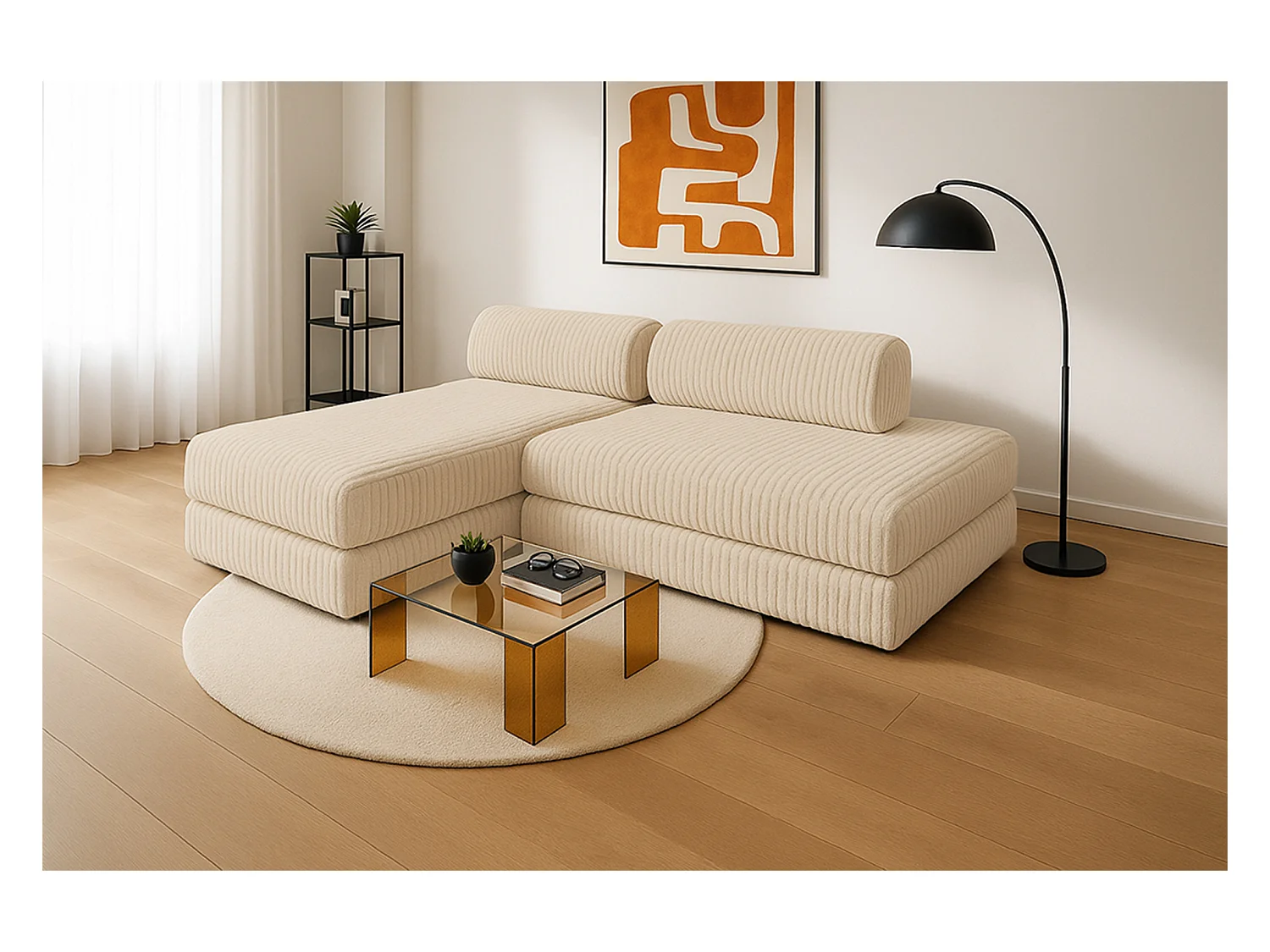 Canapé d'angle modulable et convertible 5 places - Velours côtelé XL - Beige