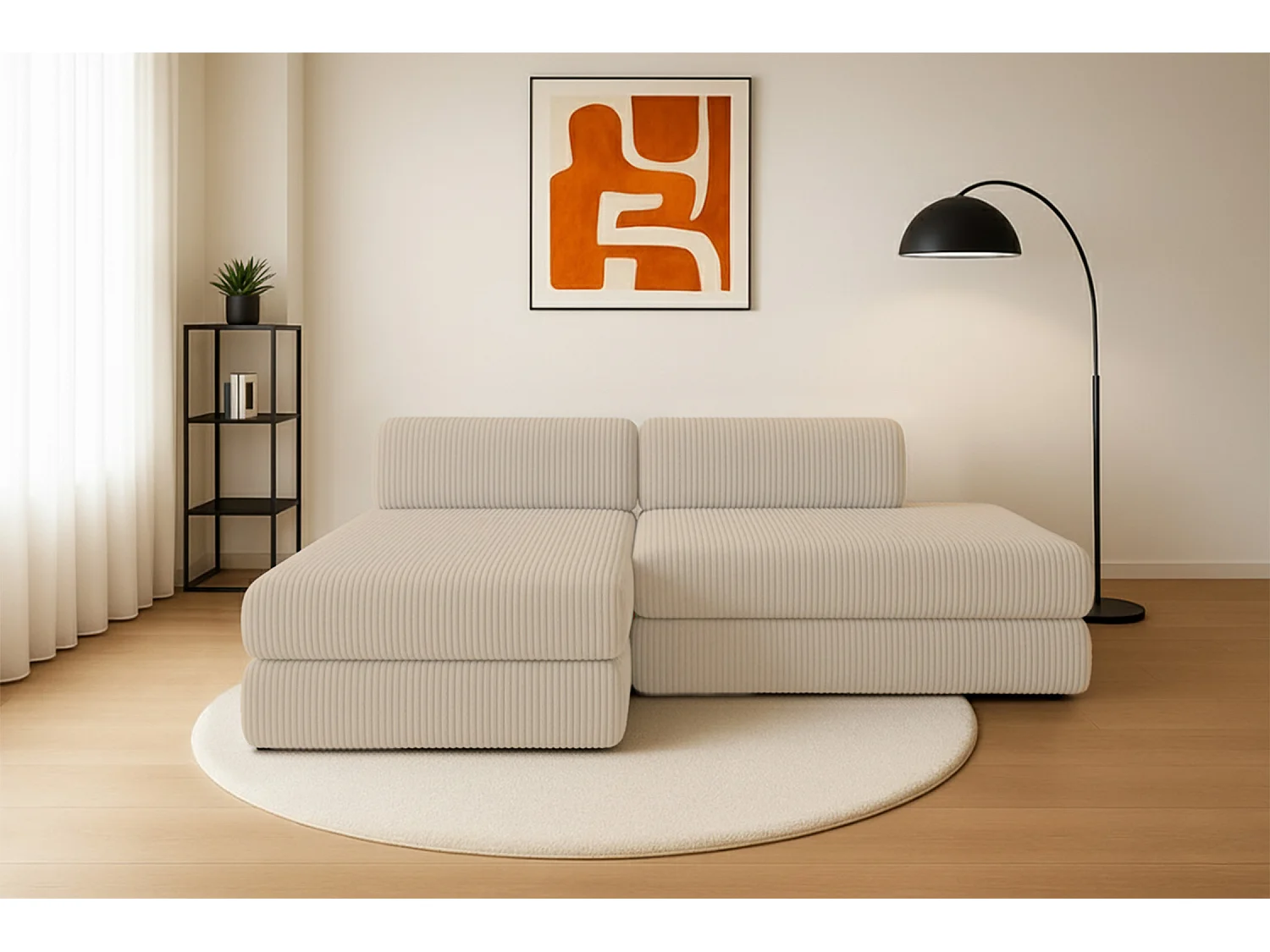 Canapé d'angle modulable et convertible 5 places - Velours côtelé XL - Beige