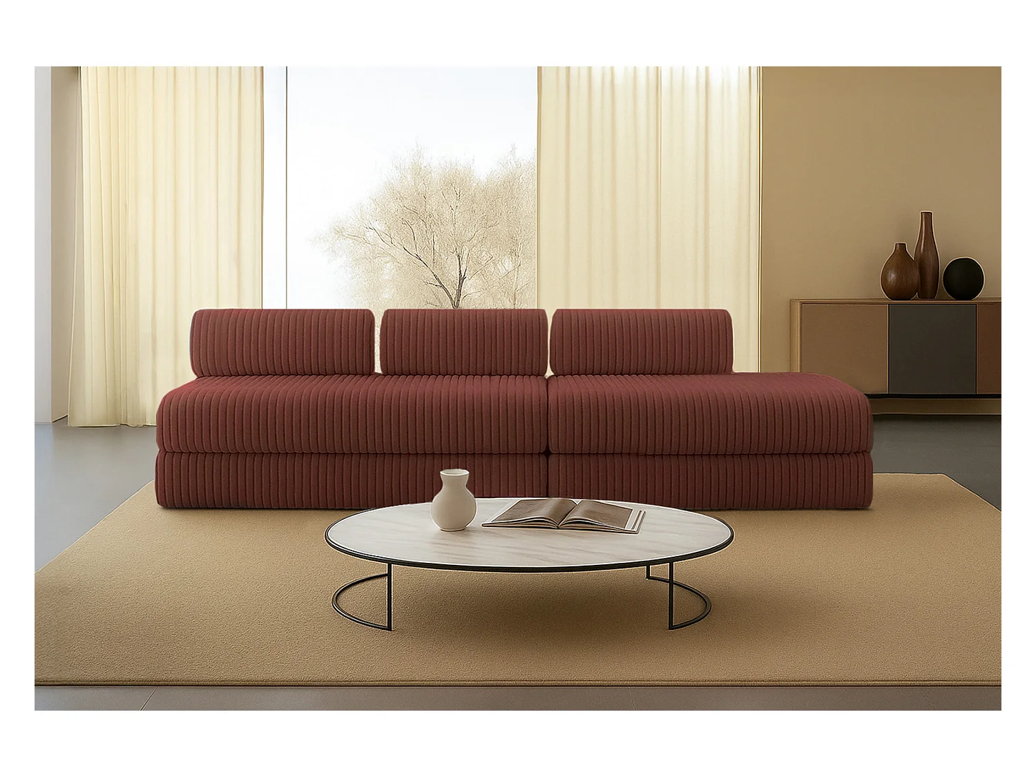 Canapé droit modulable et convertible 5 places - Velours côtelé XL - Terracotta