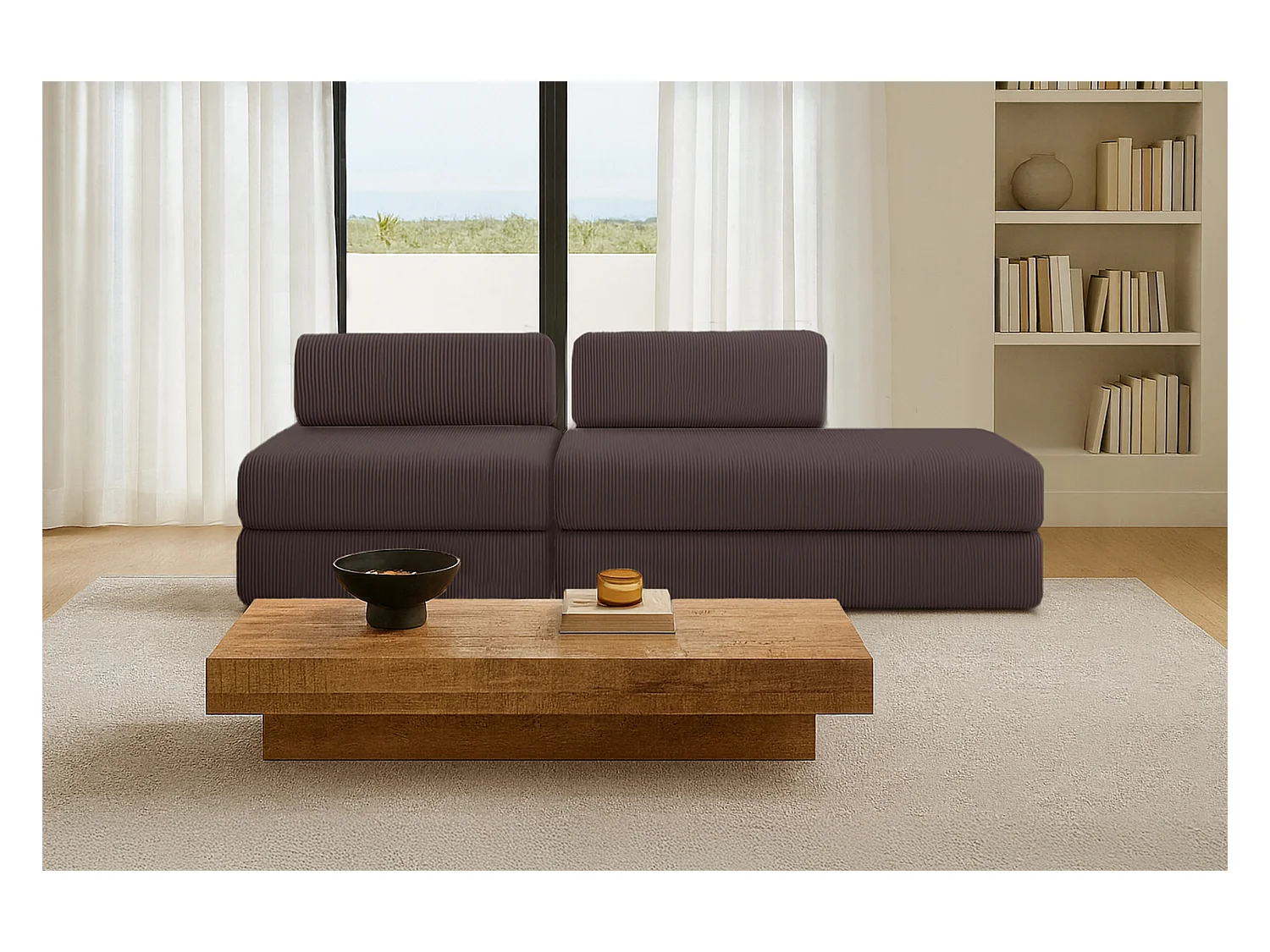 Canapé droit modulable et convertible 3 places - Velours côtelé - Marron