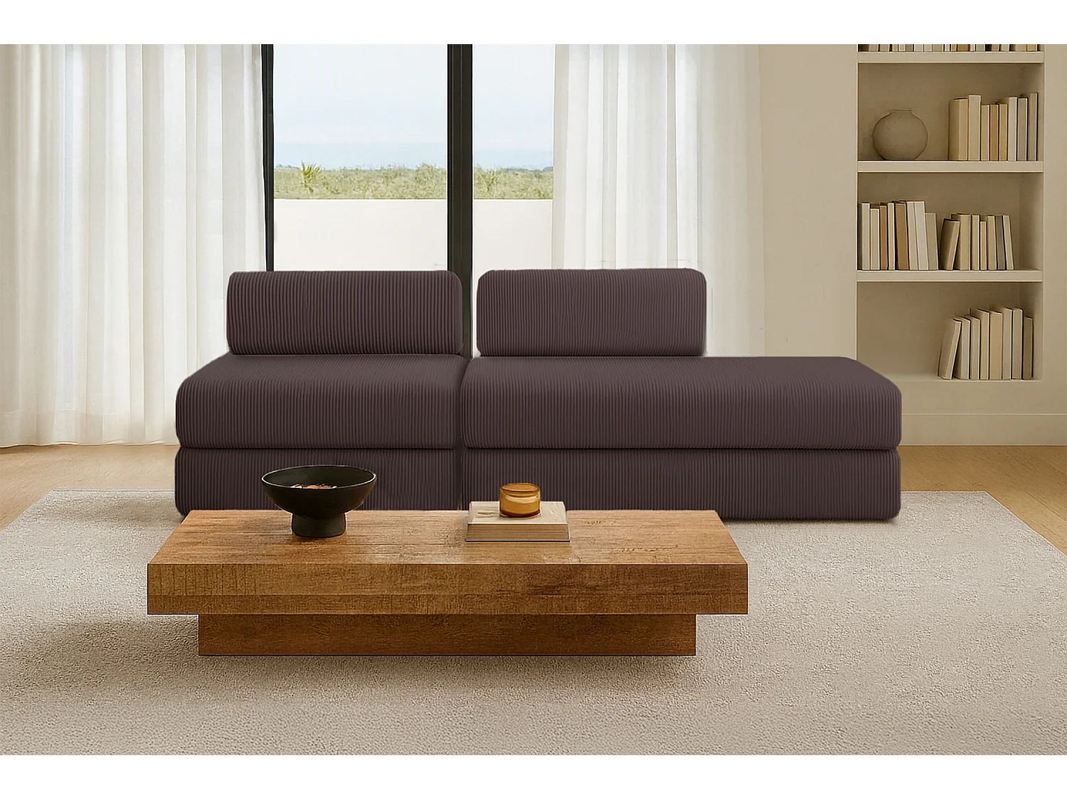 Canapé droit modulable et convertible 3 places - Velours côtelé - Marron