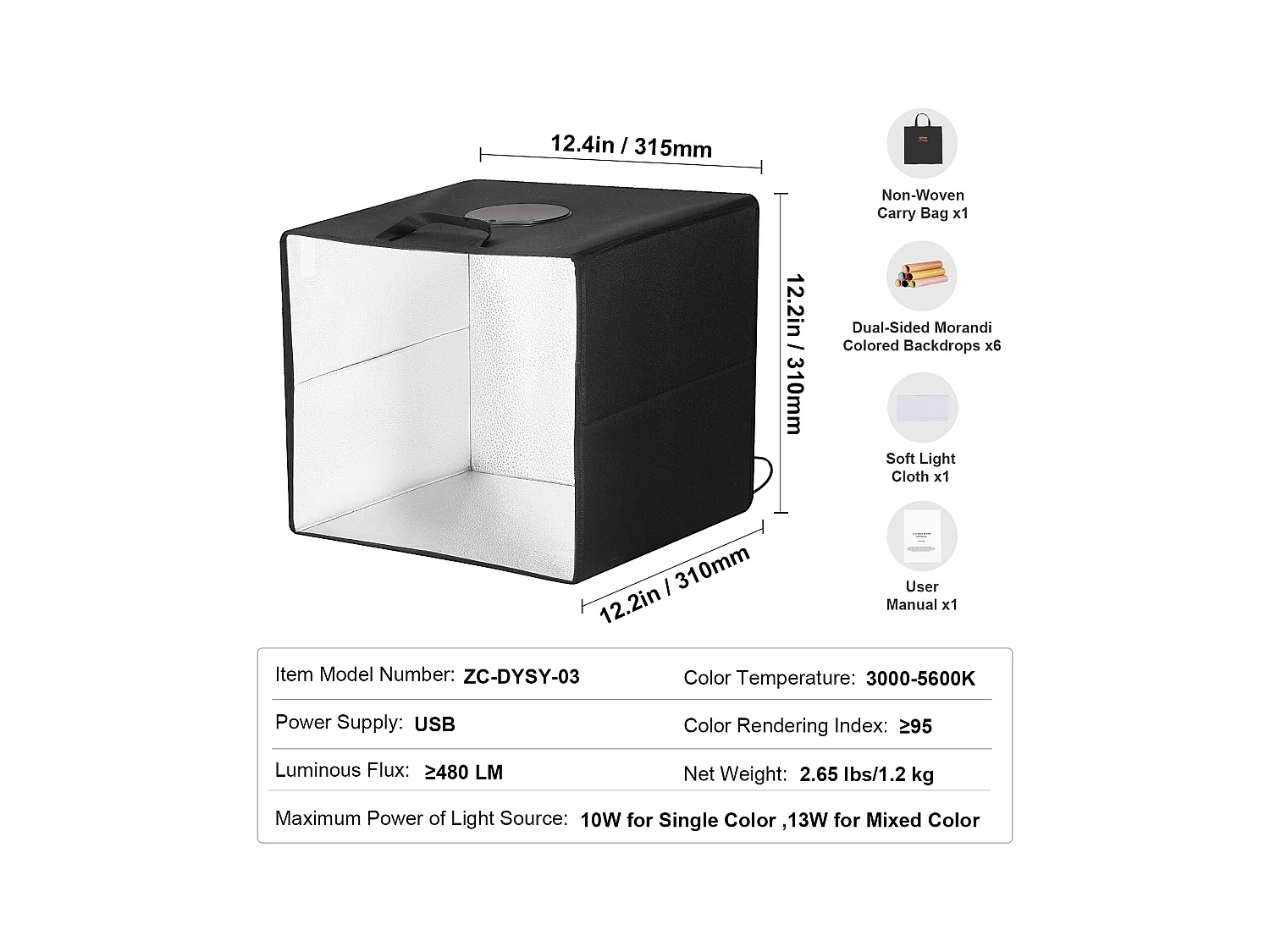 Boîte à Lumière Studio Photo SucceBuy, 31x31 cm, 3000 - 5600 K, 6 Toiles de Fond