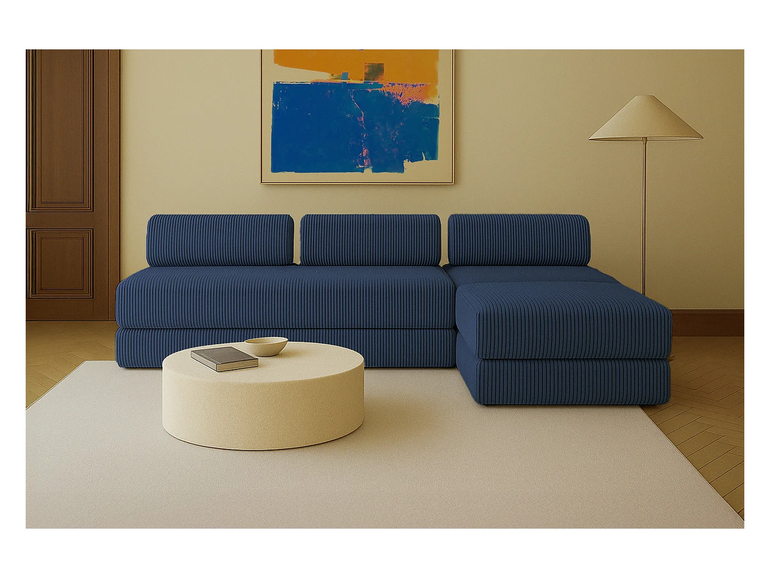 Canapé d'angle modulable et convertible 6 places - Velours côtelé XL - Bleu