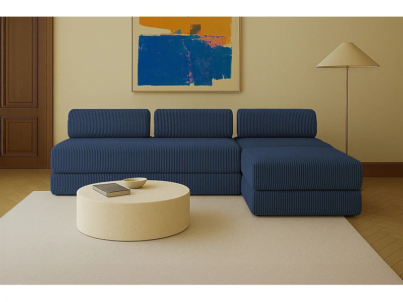 Canapé d'angle modulable et convertible 6 places - Velours côtelé XL - Bleu