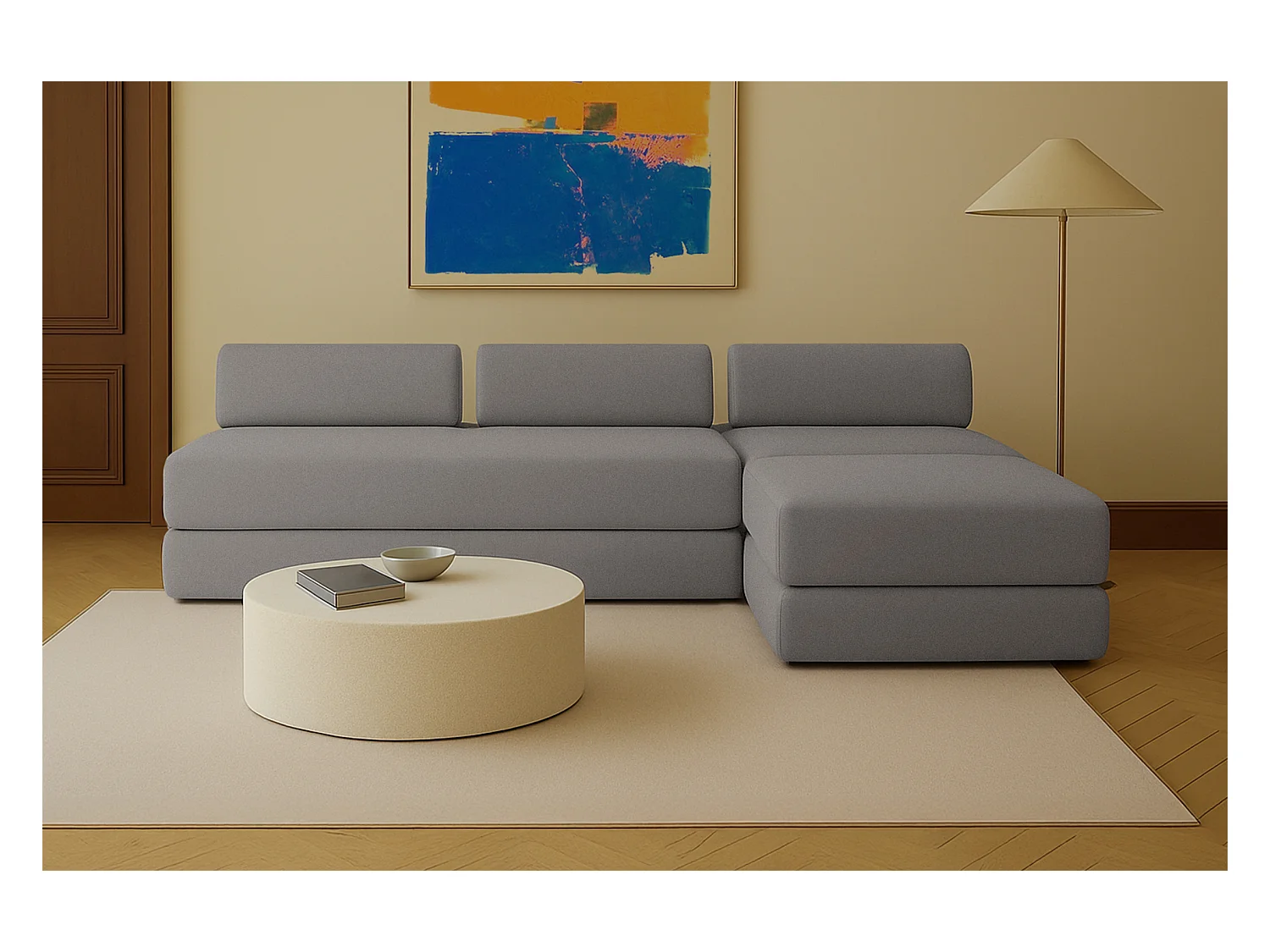 Canapé d'angle modulable et convertible 6 places - Tissu lisse - Gris