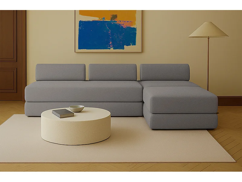 Canapé d'angle modulable et convertible 6 places - Tissu lisse - Gris