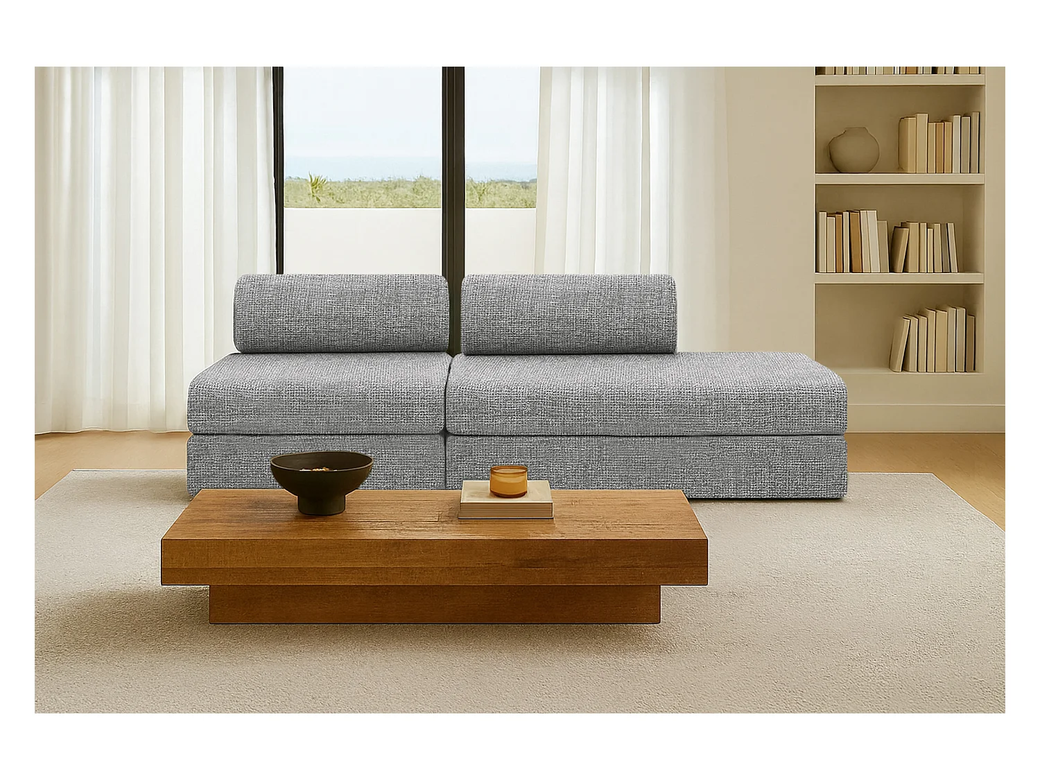 Canapé droit modulable et convertible 3 places - Tissu tweed - Gris