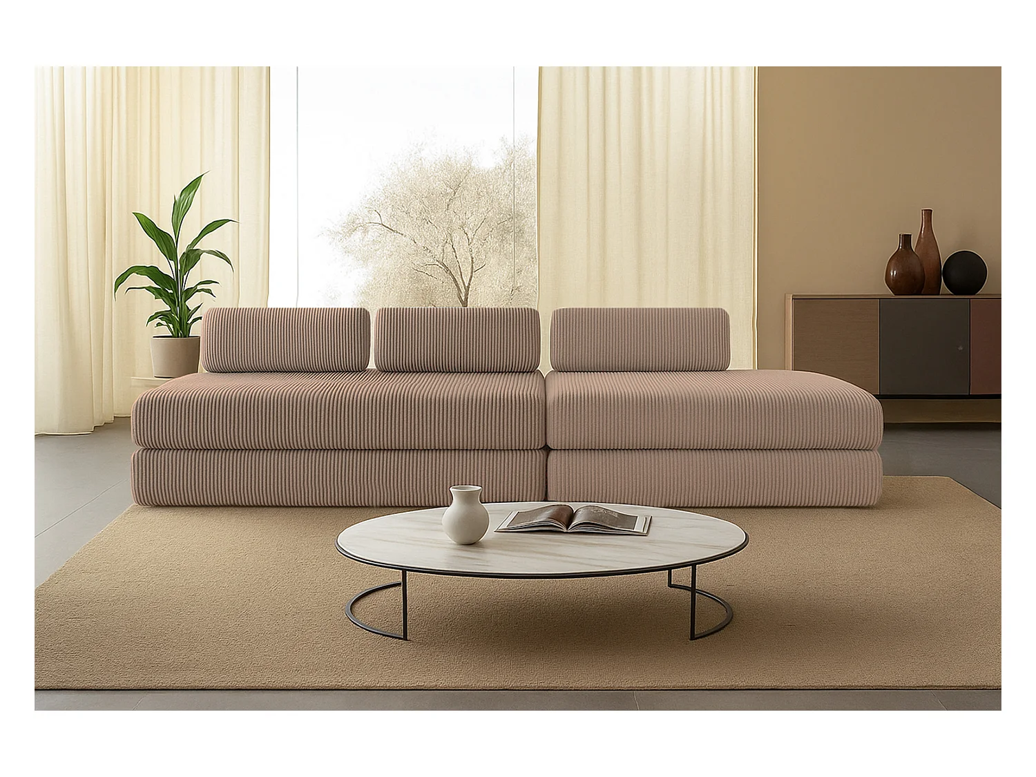 Canapé droit modulable et convertible 5 places - Velours côtelé - Taupe