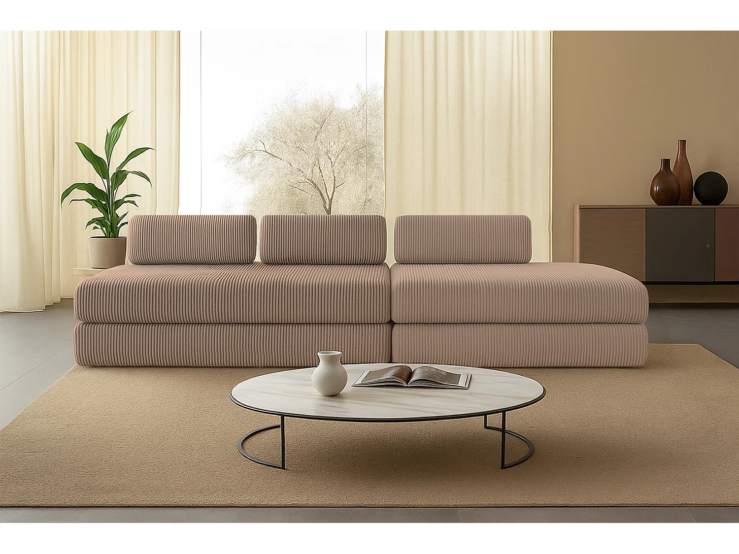 Canapé droit modulable et convertible 5 places - Velours côtelé - Taupe