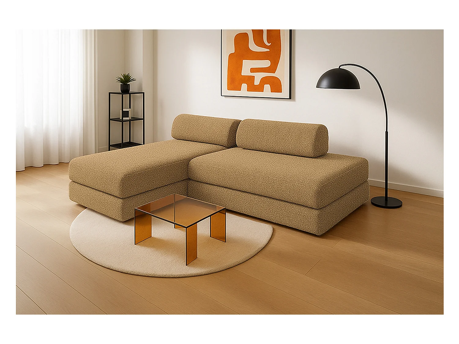 Canapé d'angle modulable et convertible 5 places - Tissu tweed - Jaune