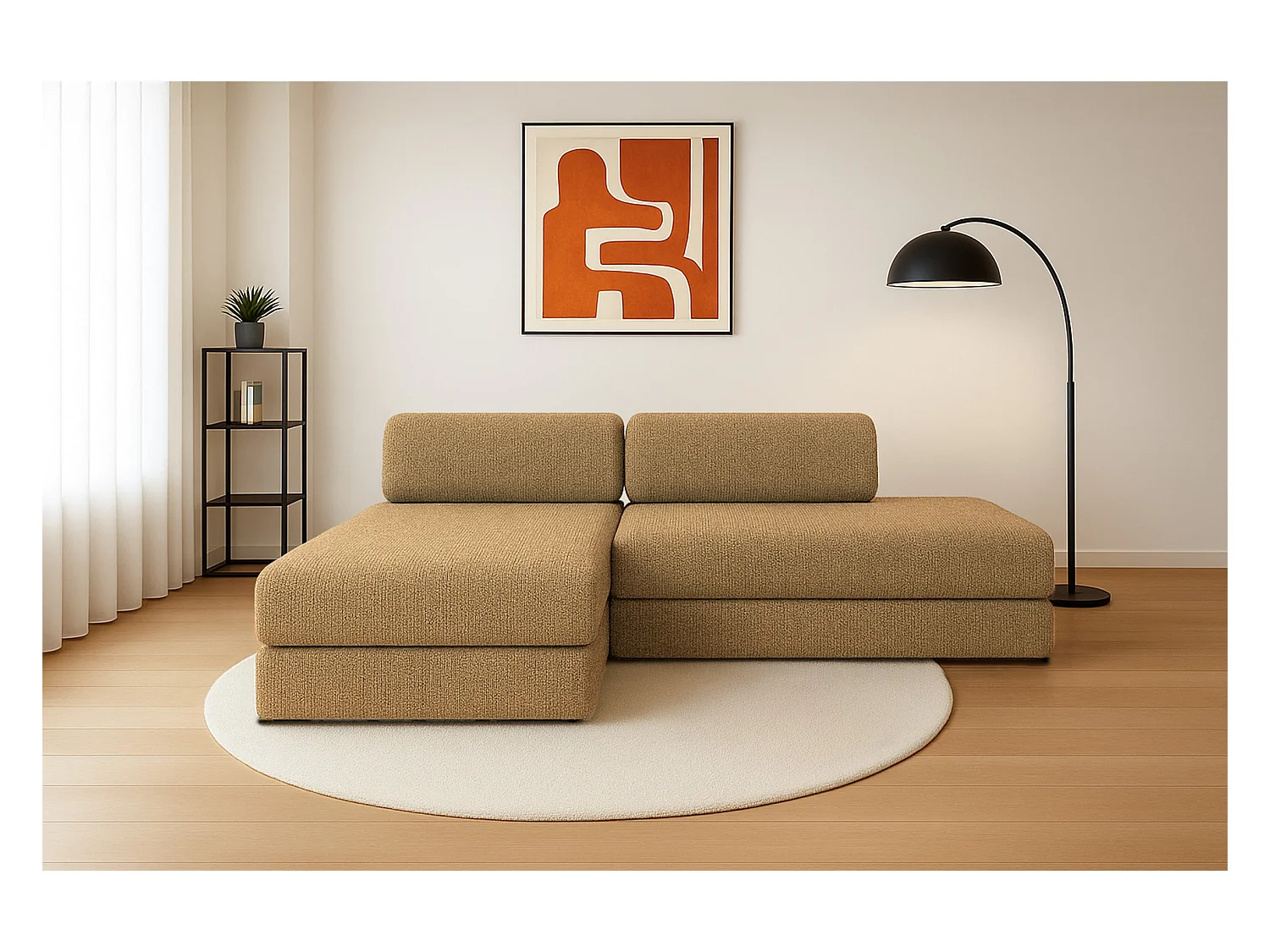 Canapé d'angle modulable et convertible 5 places - Tissu tweed - Jaune