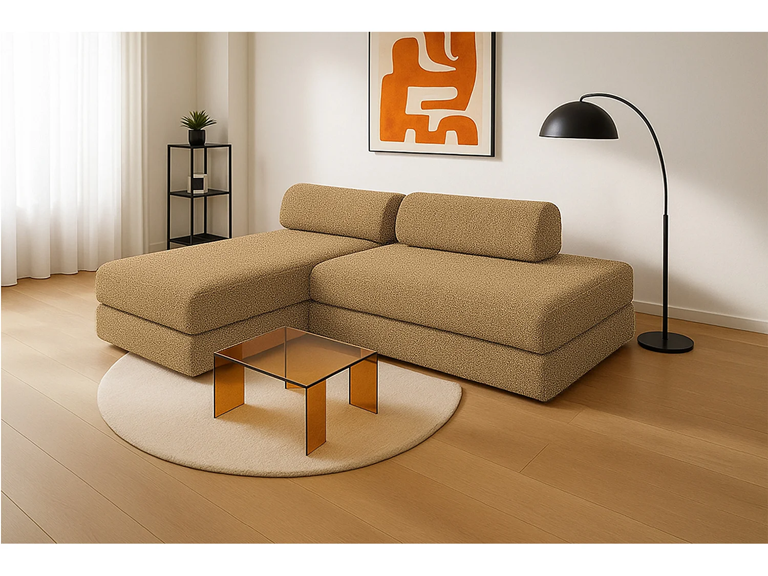 Canapé d'angle modulable et convertible 5 places - Tissu tweed - Jaune