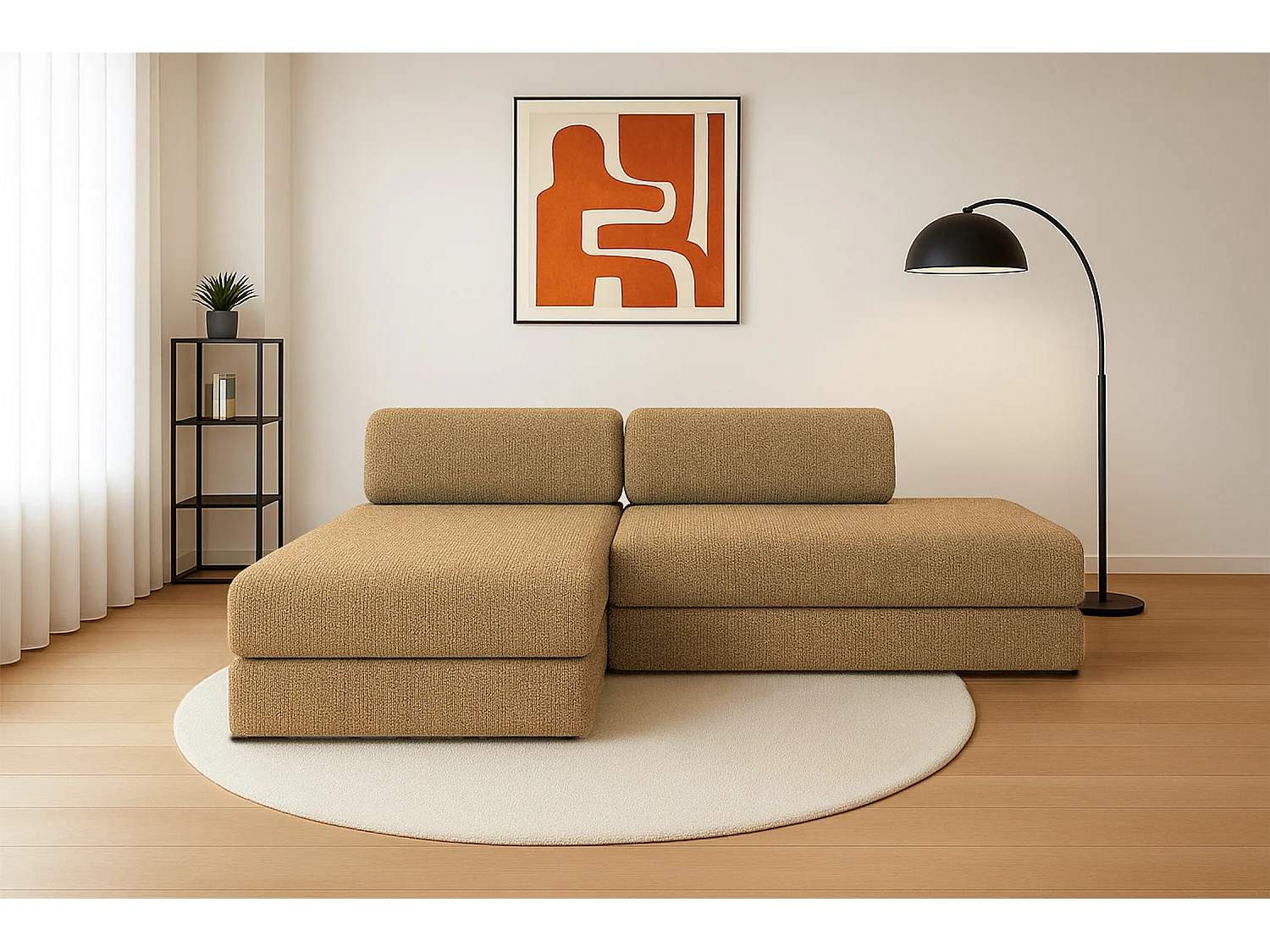 Canapé d'angle modulable et convertible 5 places - Tissu tweed - Jaune