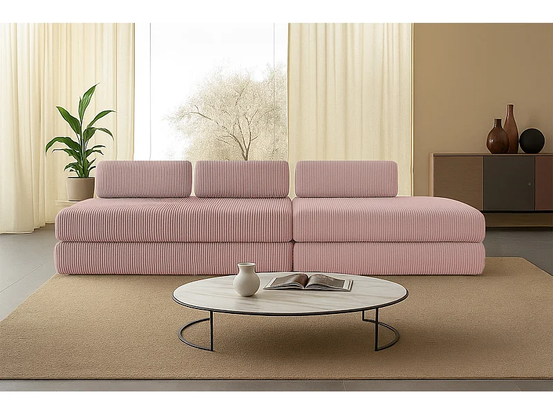 Canapé droit modulable et convertible 5 places - Velours côtelé - Rose pâle