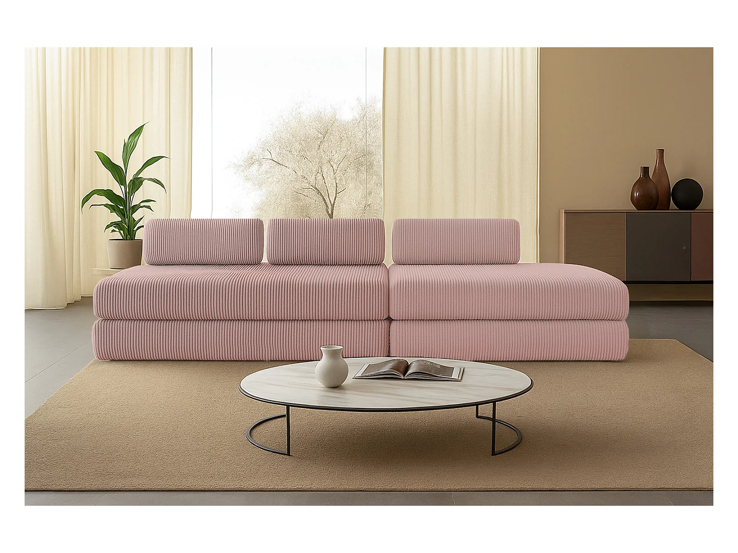 Canapé droit modulable et convertible 5 places - Velours côtelé - Rose pâle