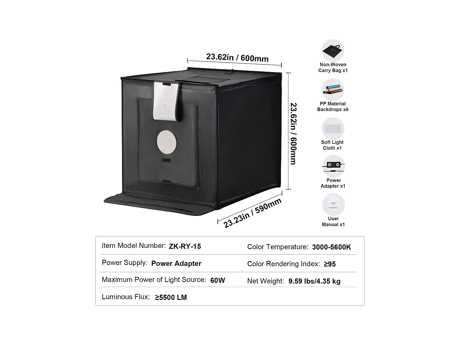 Boîte à Lumière Studio Photo SucceBuy, 60x60 cm, Températures Réglables de 3000 à 5600 K