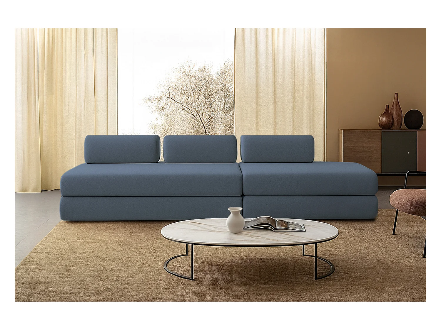Canapé droit modulable et convertible 5 places - Tissu lisse - Bleu