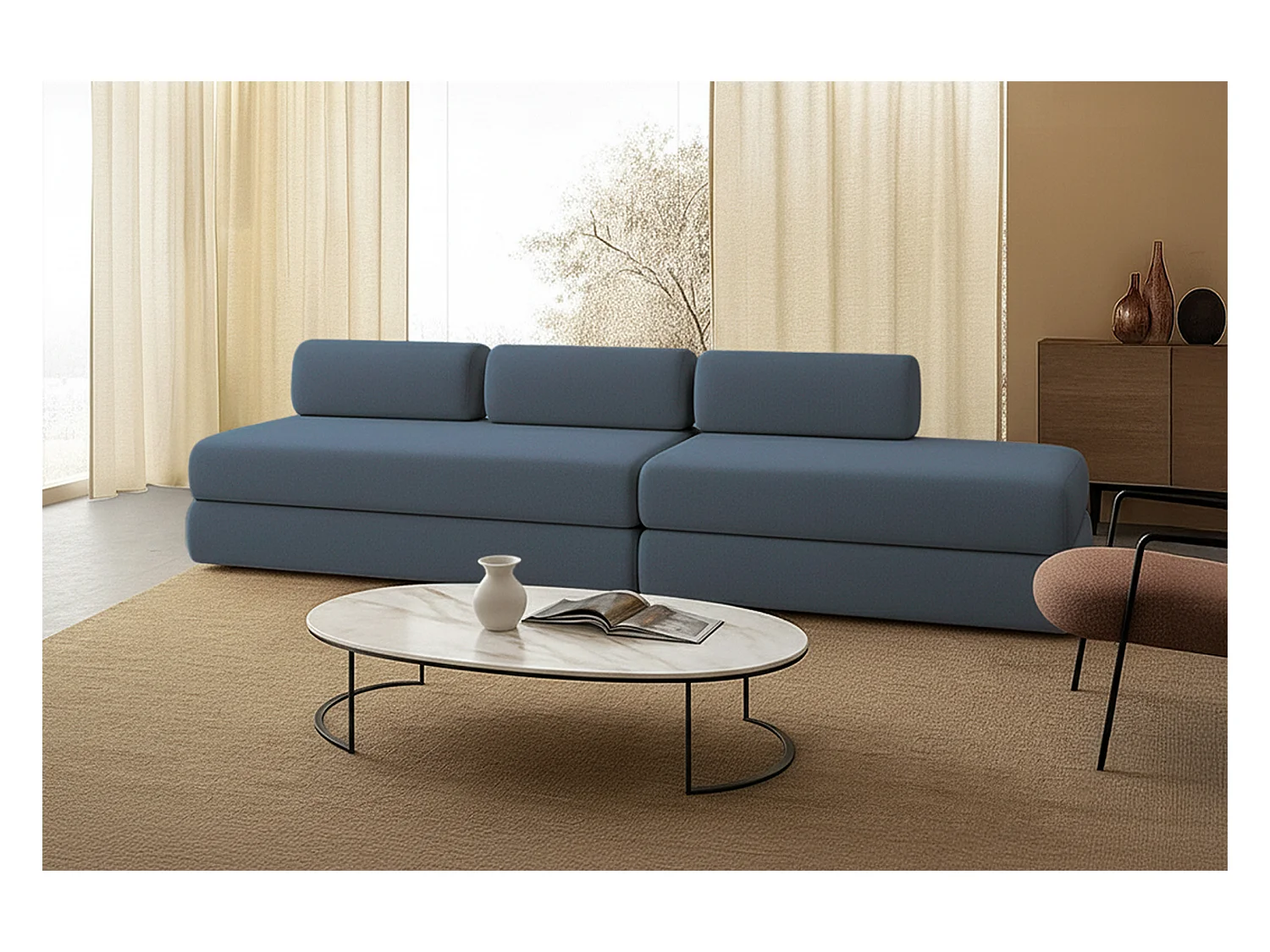 Canapé droit modulable et convertible 5 places - Tissu lisse - Bleu