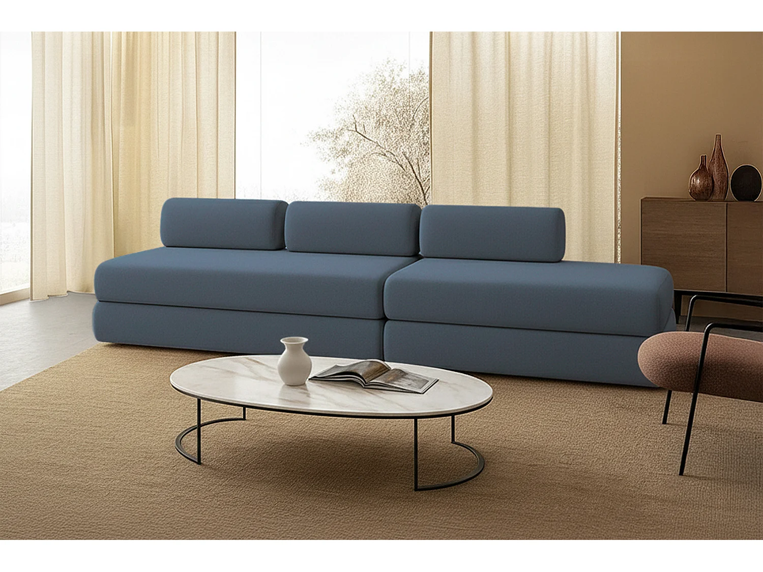 Canapé droit modulable et convertible 5 places - Tissu lisse - Bleu