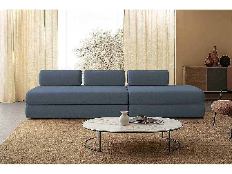 Canapé droit modulable et convertible 5 places - Tissu lisse - Bleu