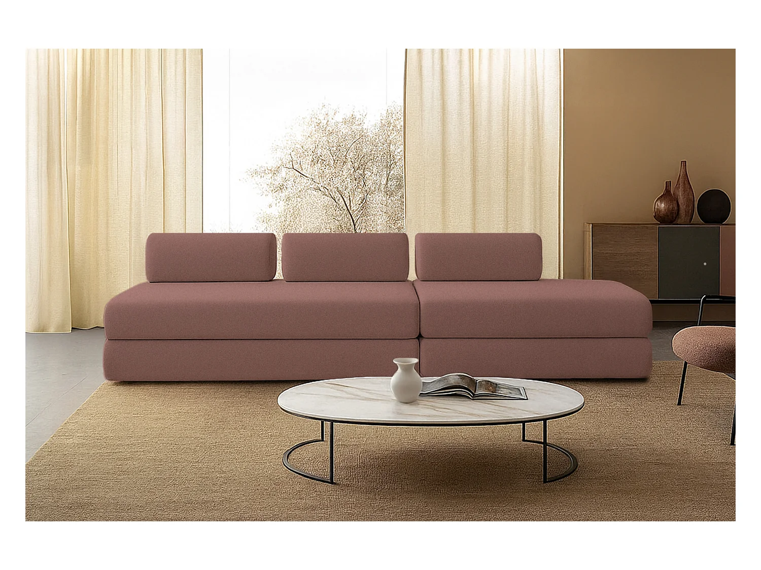 Canapé droit modulable et convertible 5 places - Tissu lisse - Terracotta