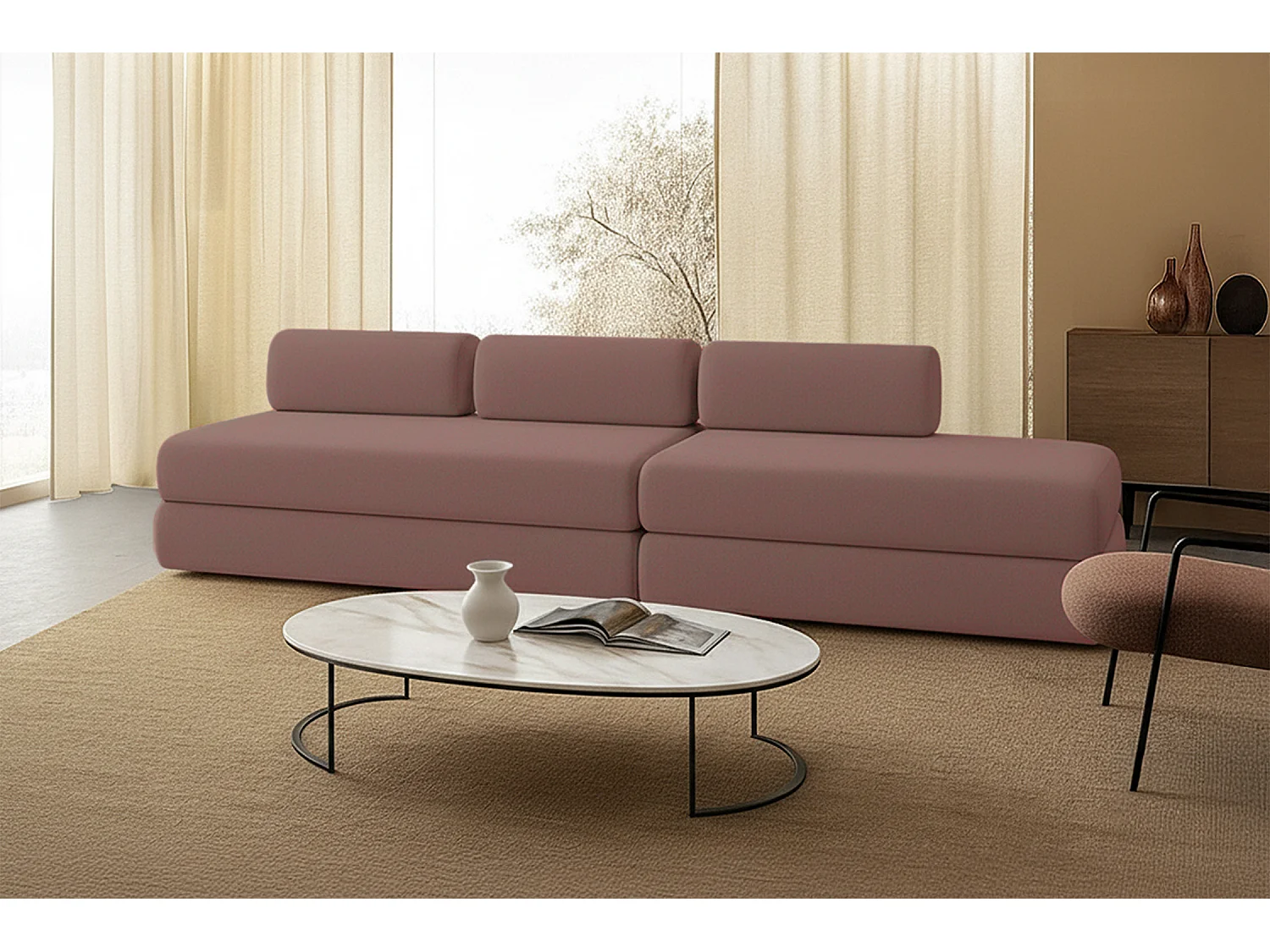 Canapé droit modulable et convertible 5 places - Tissu lisse - Terracotta