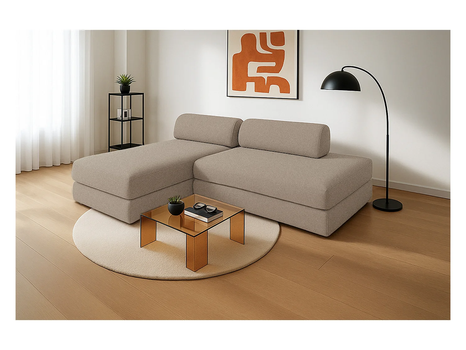 Canapé d'angle modulable et convertible 5 places - Tissu lisse - Taupe