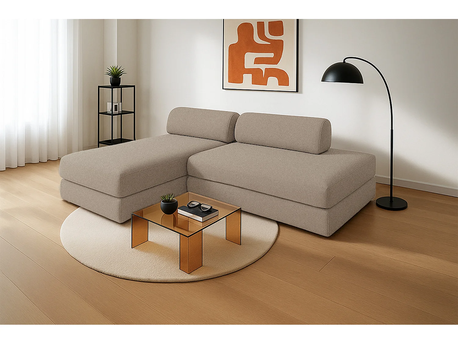 Canapé d'angle modulable et convertible 5 places - Tissu lisse - Taupe