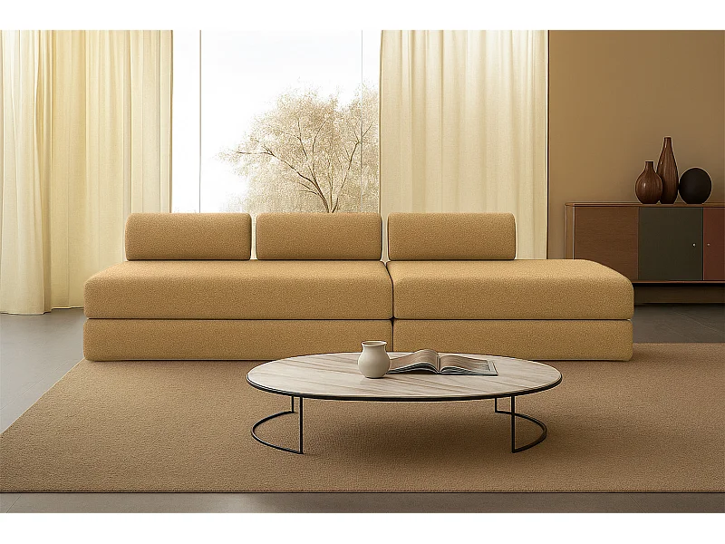 Canapé droit modulable et convertible 5 places - Tissu tweed - Jaune