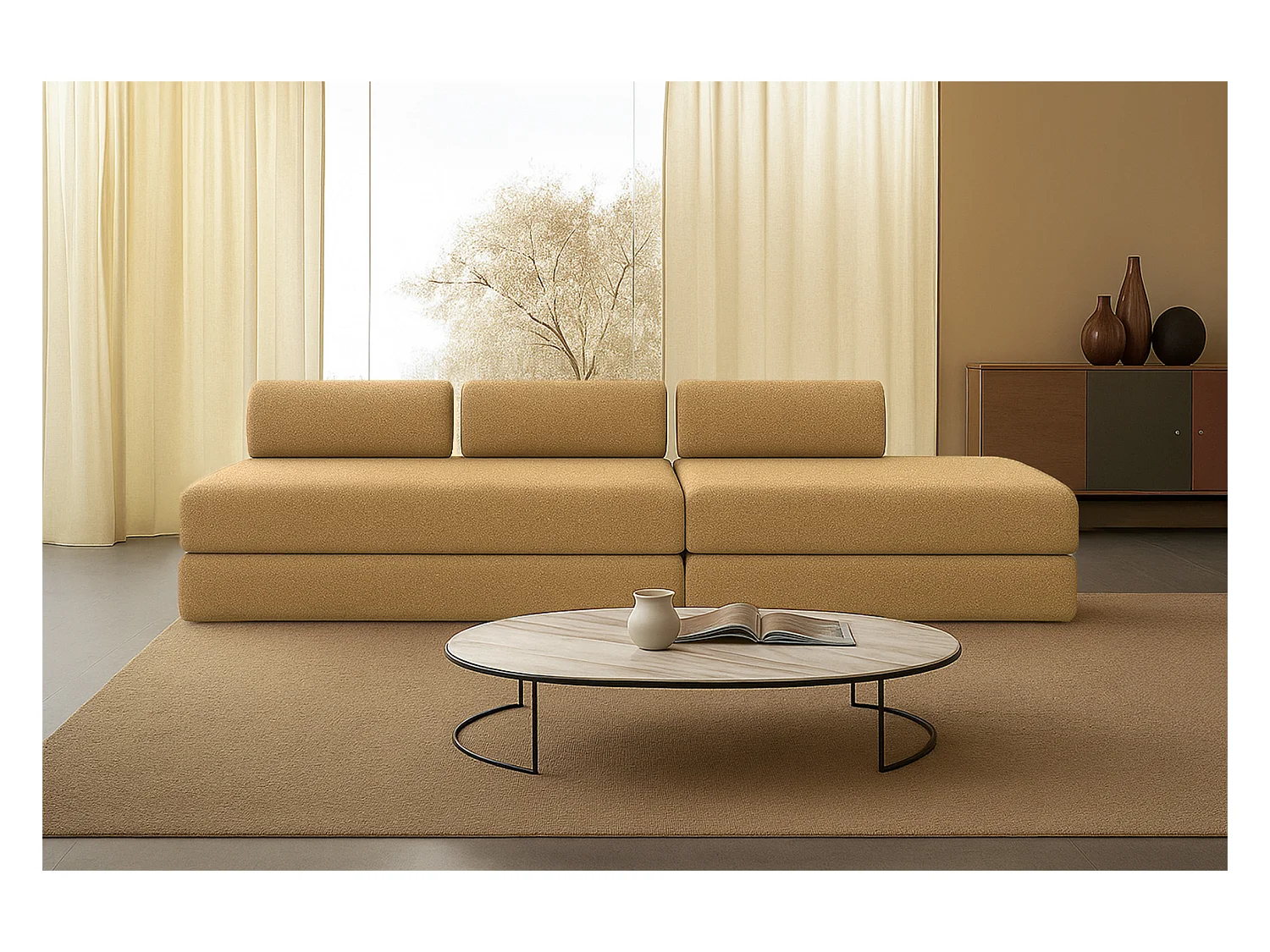 Canapé droit modulable et convertible 5 places - Tissu tweed - Jaune