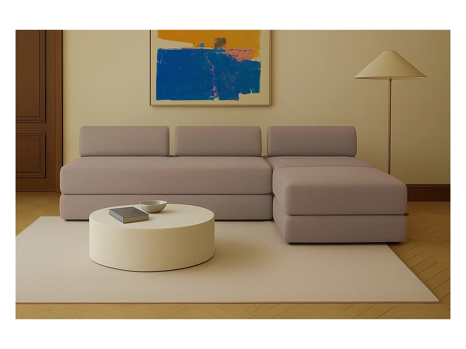 Canapé d'angle modulable et convertible 6 places - Tissu lisse - Marron