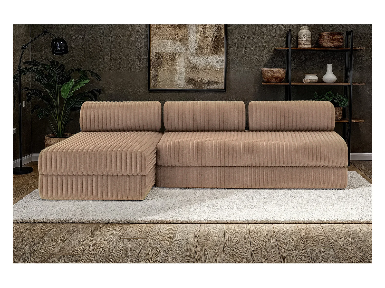 Canapé d'angle modulable et convertible 6 places - Velours côtelé XL - Marron