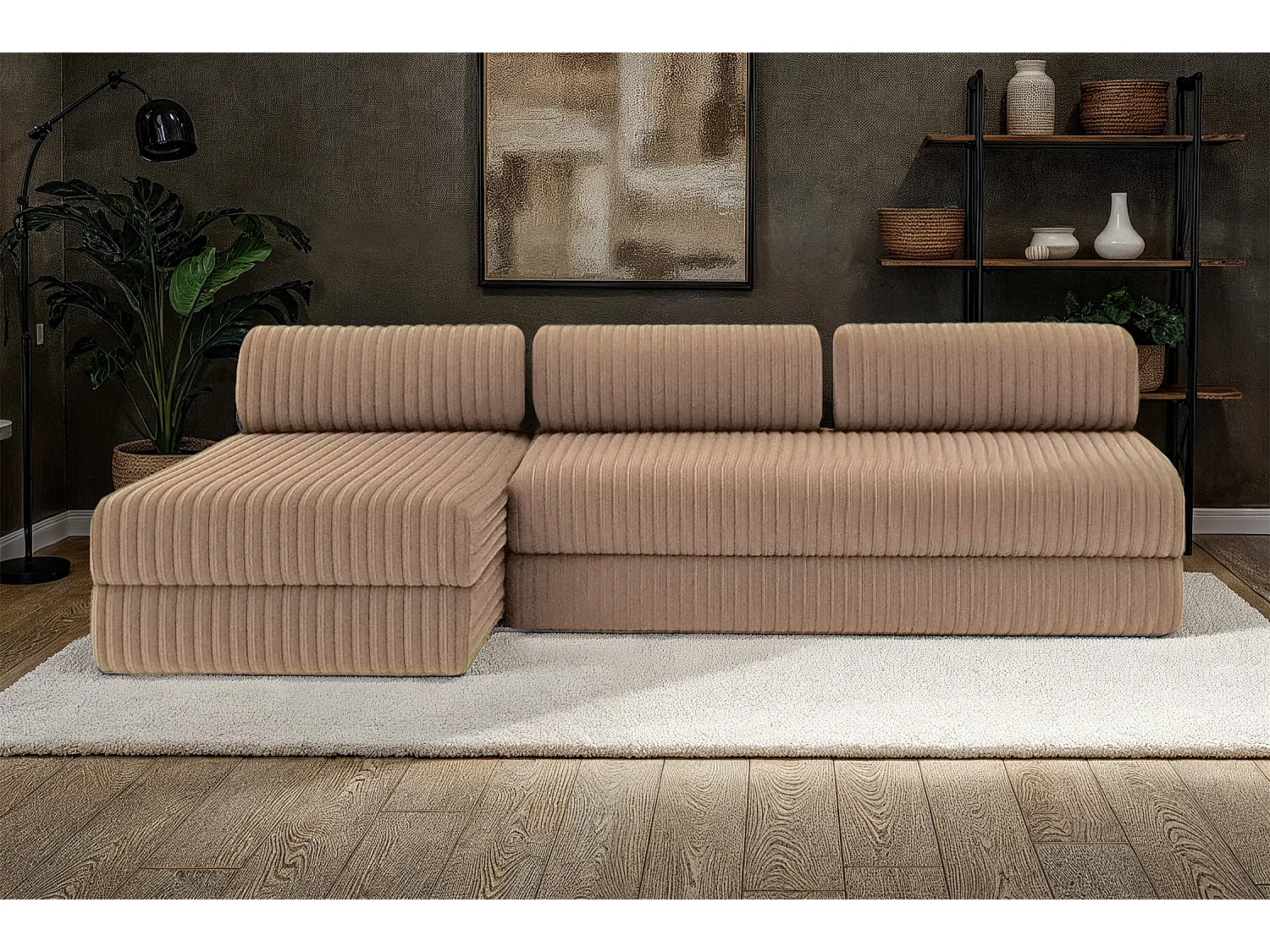 Canapé d'angle modulable et convertible 6 places - Velours côtelé XL - Marron