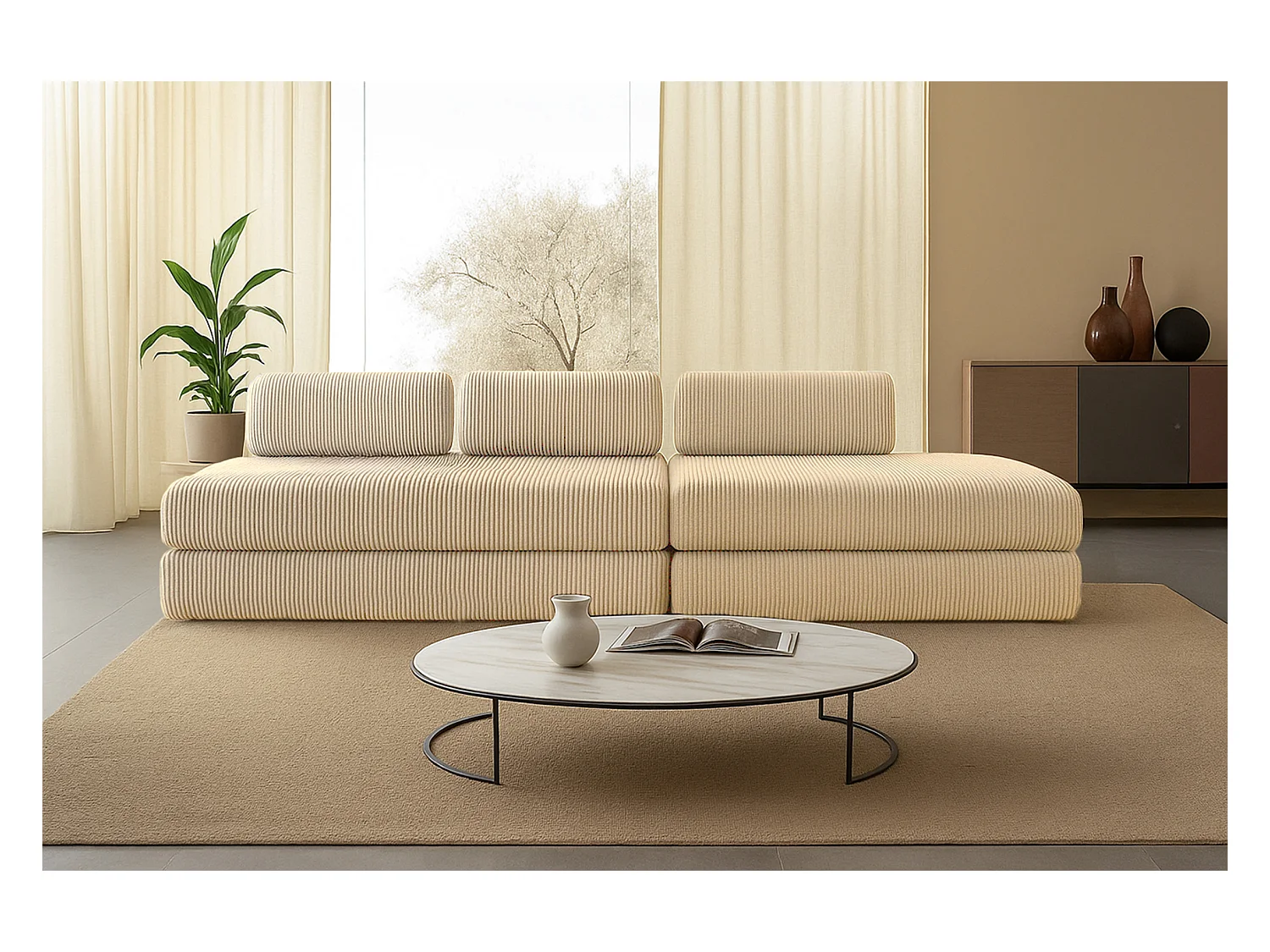 Canapé droit modulable et convertible 5 places - Velours côtelé - Beige