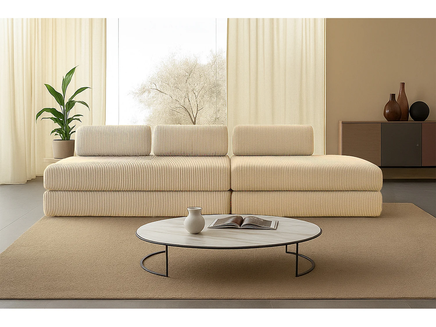 Canapé droit modulable et convertible 5 places - Velours côtelé - Beige