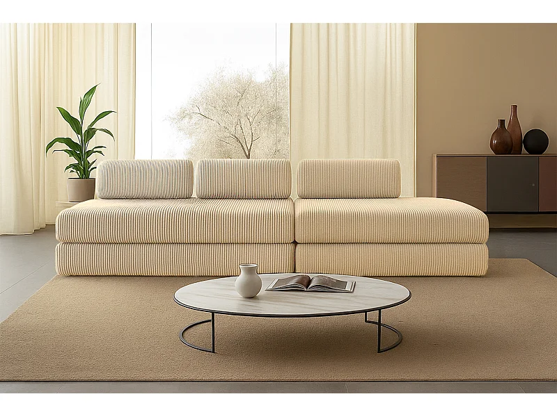 Canapé droit modulable et convertible 5 places - Velours côtelé - Beige