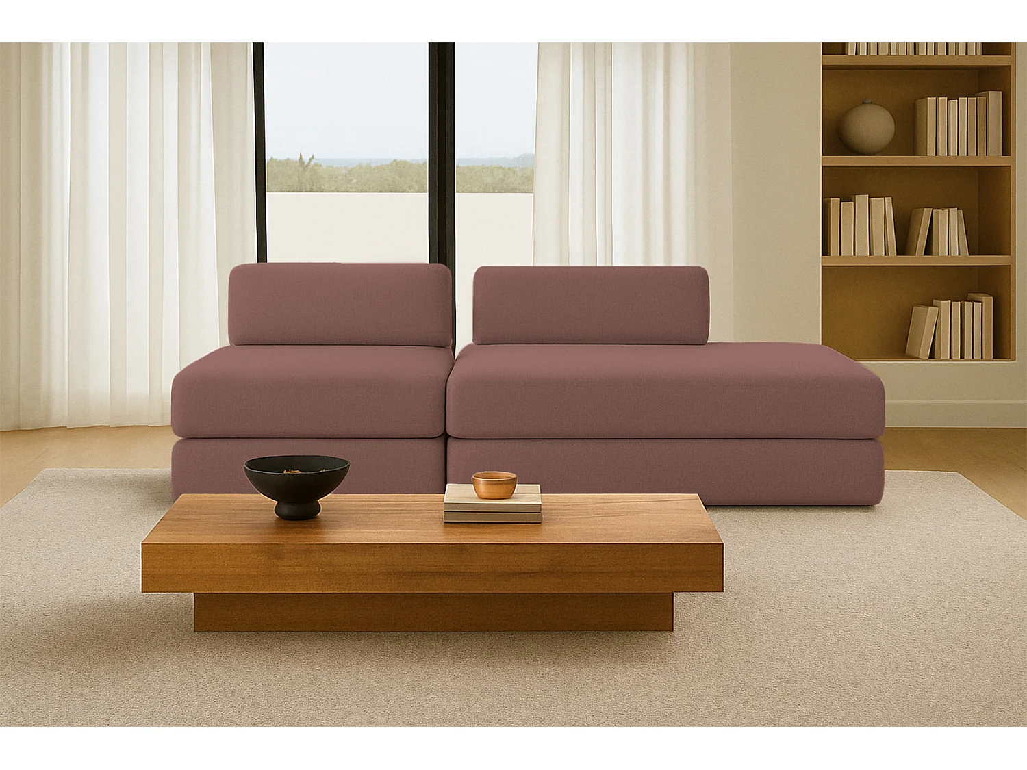 Canapé droit modulable et convertible 3 places - Tissu lisse - Terracotta