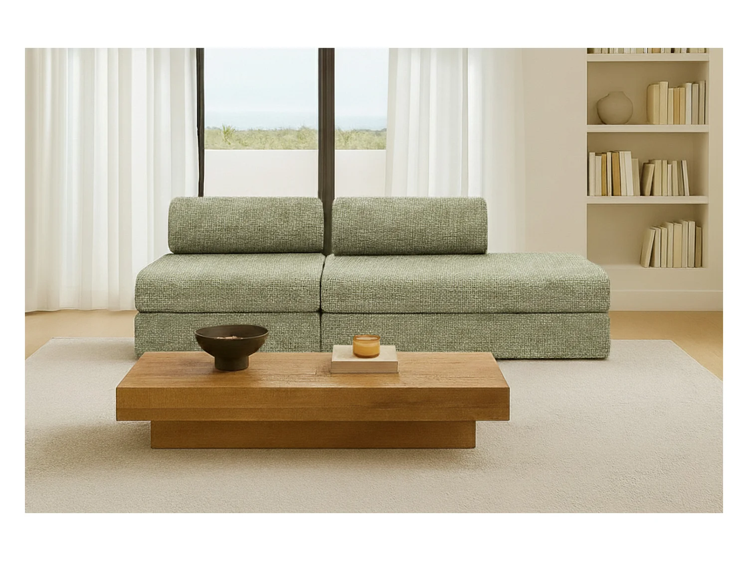 Canapé droit modulable et convertible 3 places - Tissu tweed - Vert