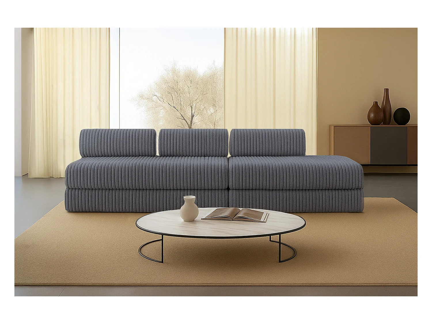 Canapé droit modulable et convertible 5 places - Velours côtelé XL - Gris