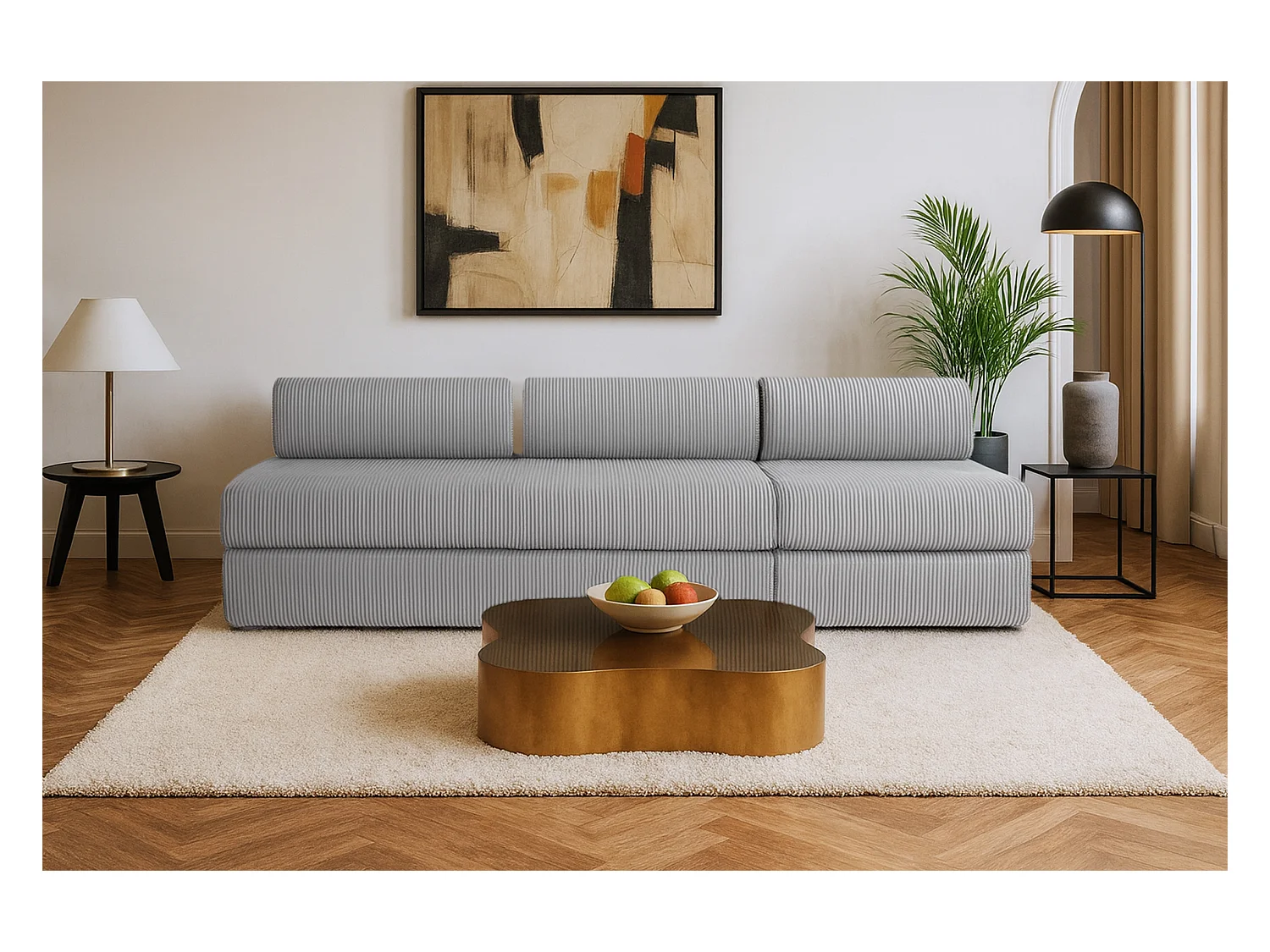 Canapé droit modulable et convertible 4 places - Velours côtelé - Gris clair