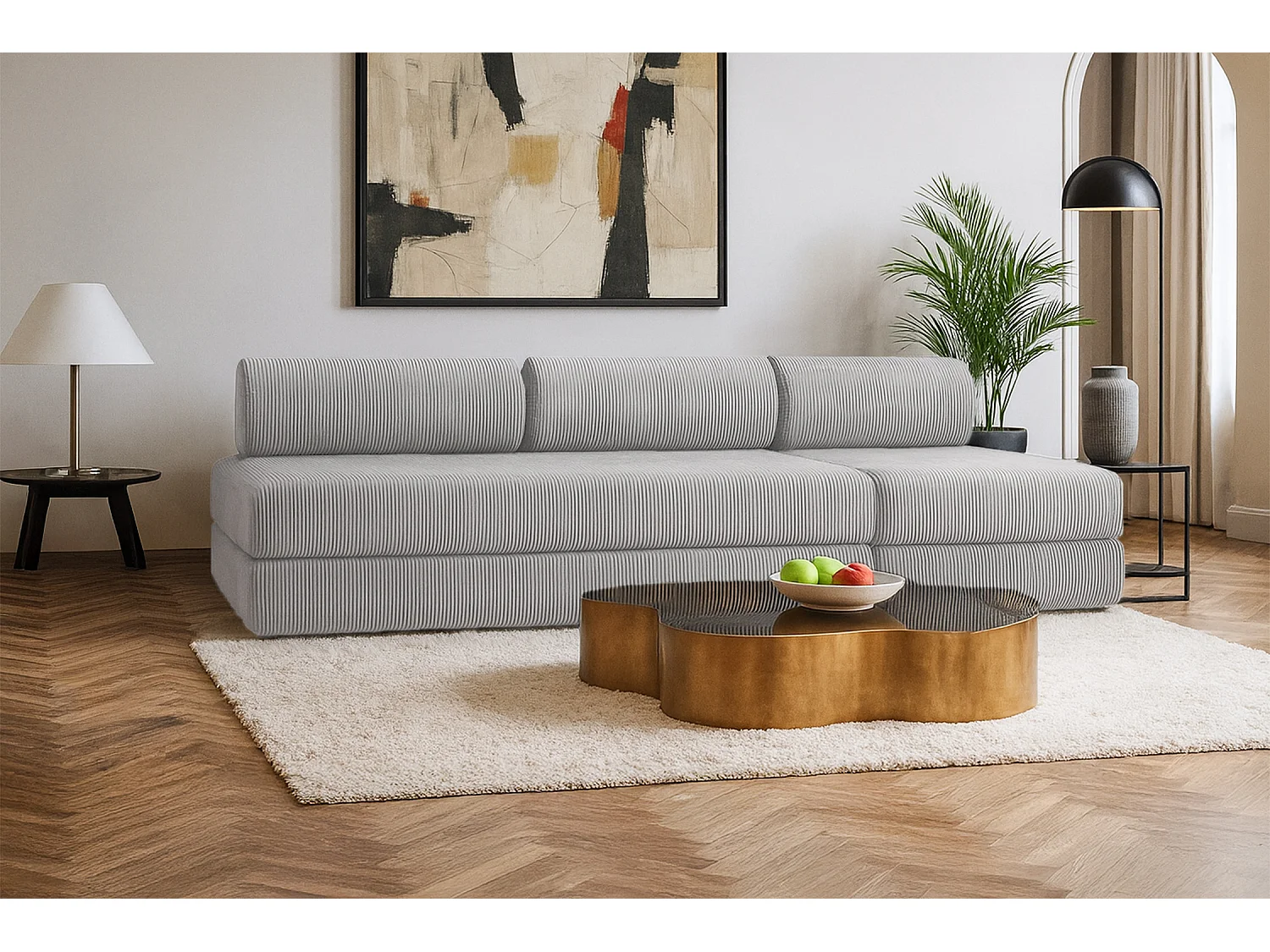 Canapé droit modulable et convertible 4 places - Velours côtelé - Gris clair