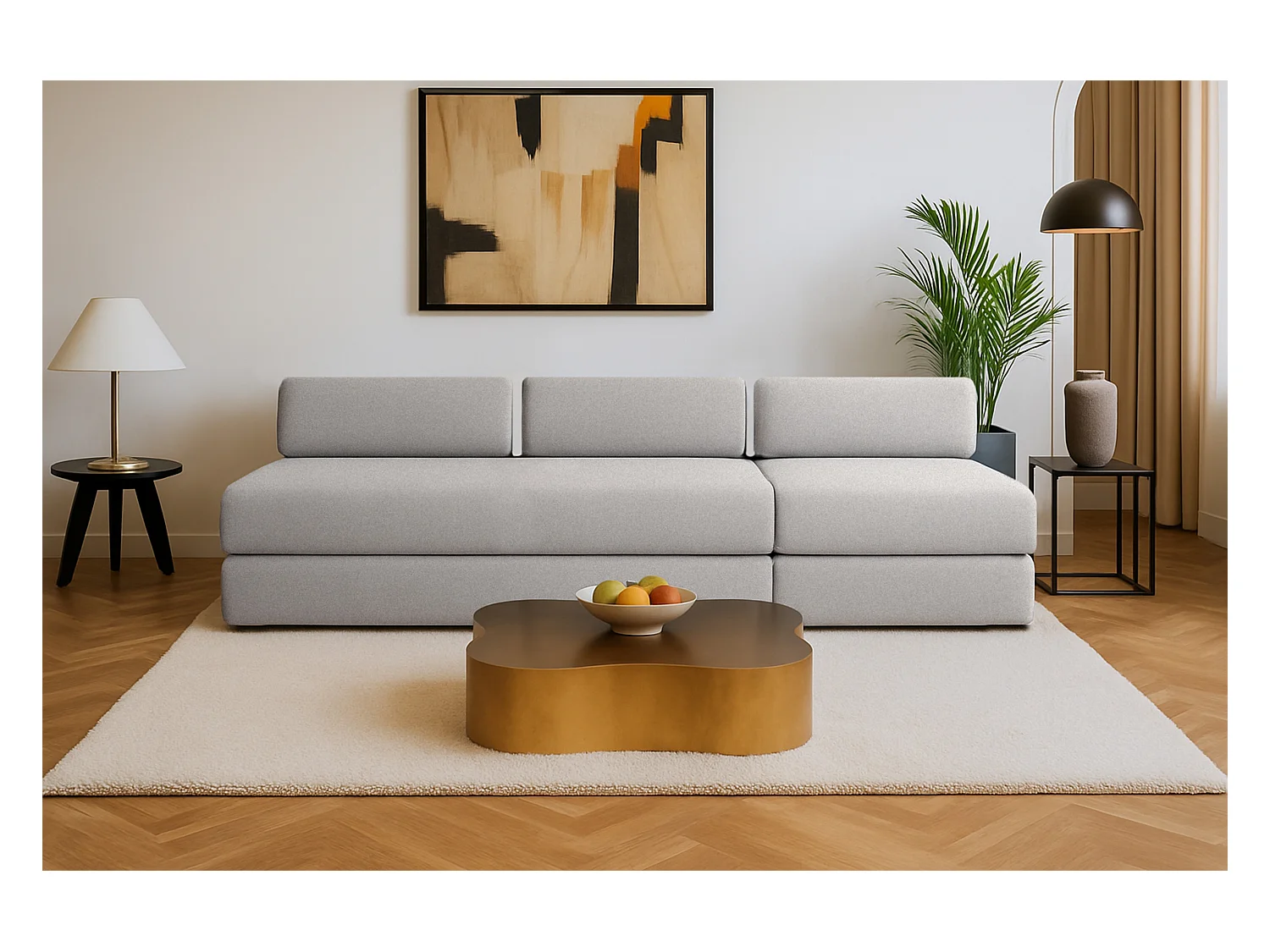 Canapé droit modulable et convertible 4 places - Tissu lisse - Gris clair